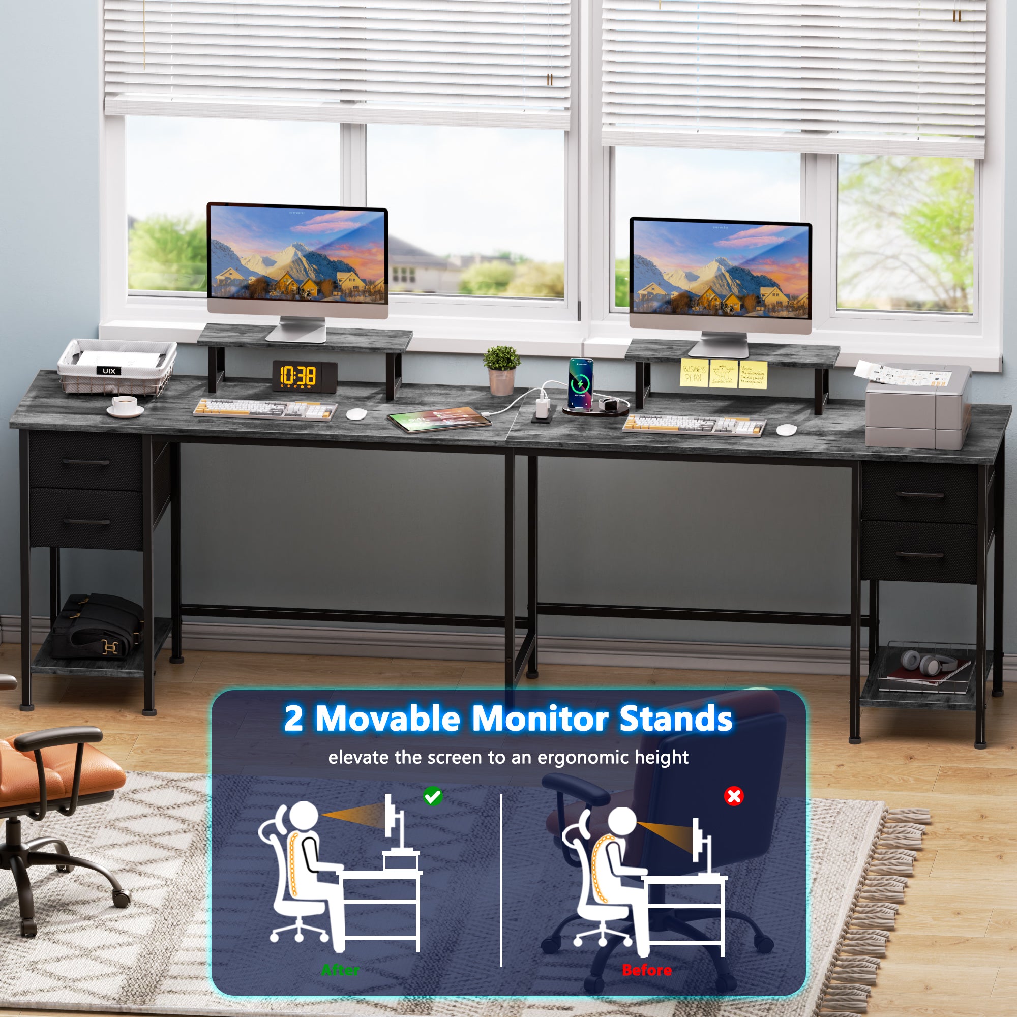 66 Inch Grey L Shaped Computer Desk with Charging Station 94.4 Inch Long Two Person Gaming Desk 4 Drawers 2 Monitor Stands Home Office Storage