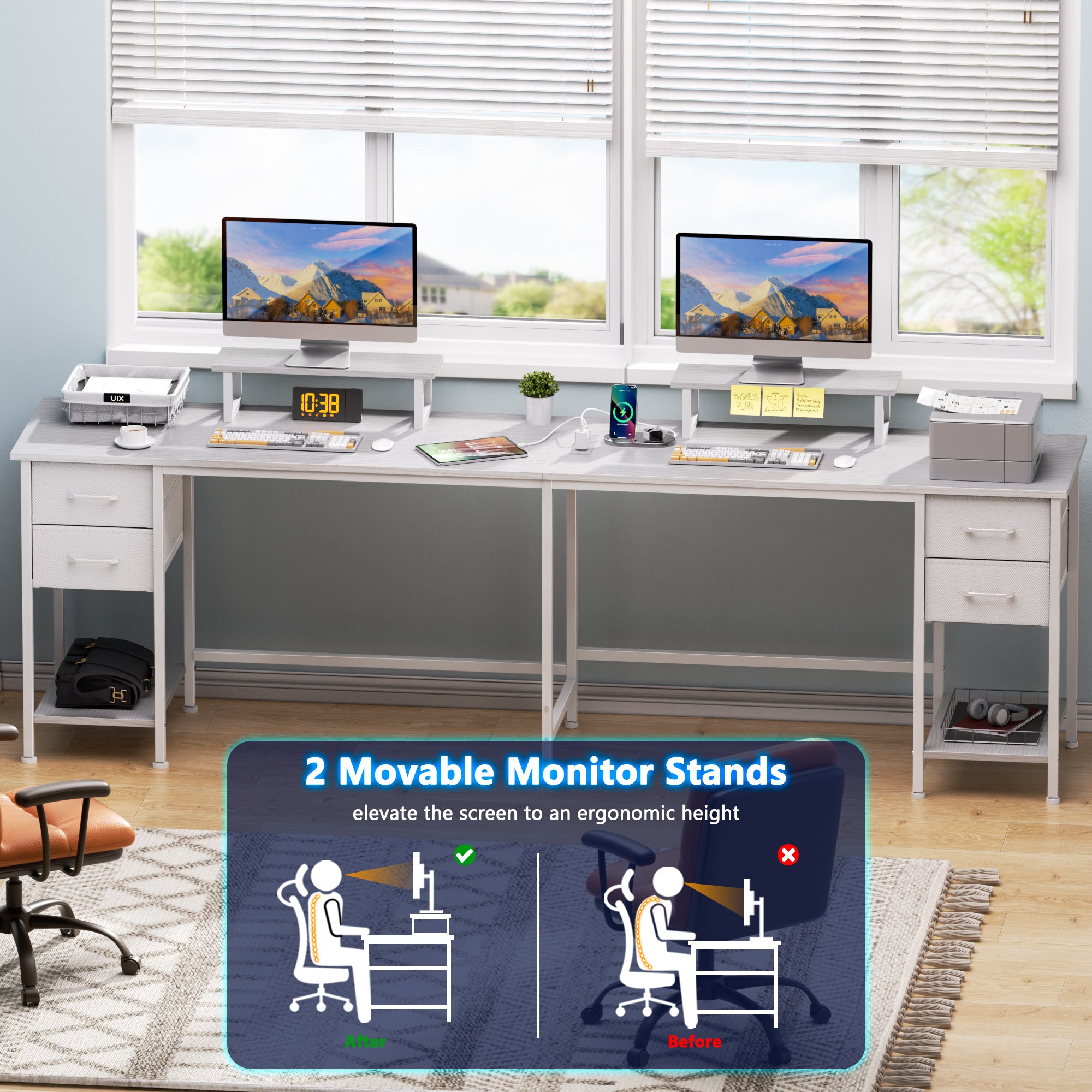 66 Inch White L Shaped Computer Desk with Charging Station 94.4 Inch Long Two Person Gaming Desk 4 Drawers 2 Monitor Stands Home Office Storage