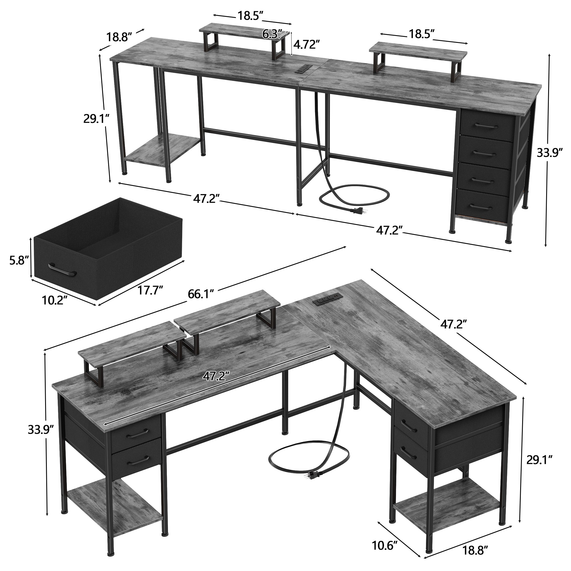 66 Inch Grey L Shaped Computer Desk with Charging Station 94.4 Inch Long Two Person Gaming Desk 4 Drawers 2 Monitor Stands Home Office Storage