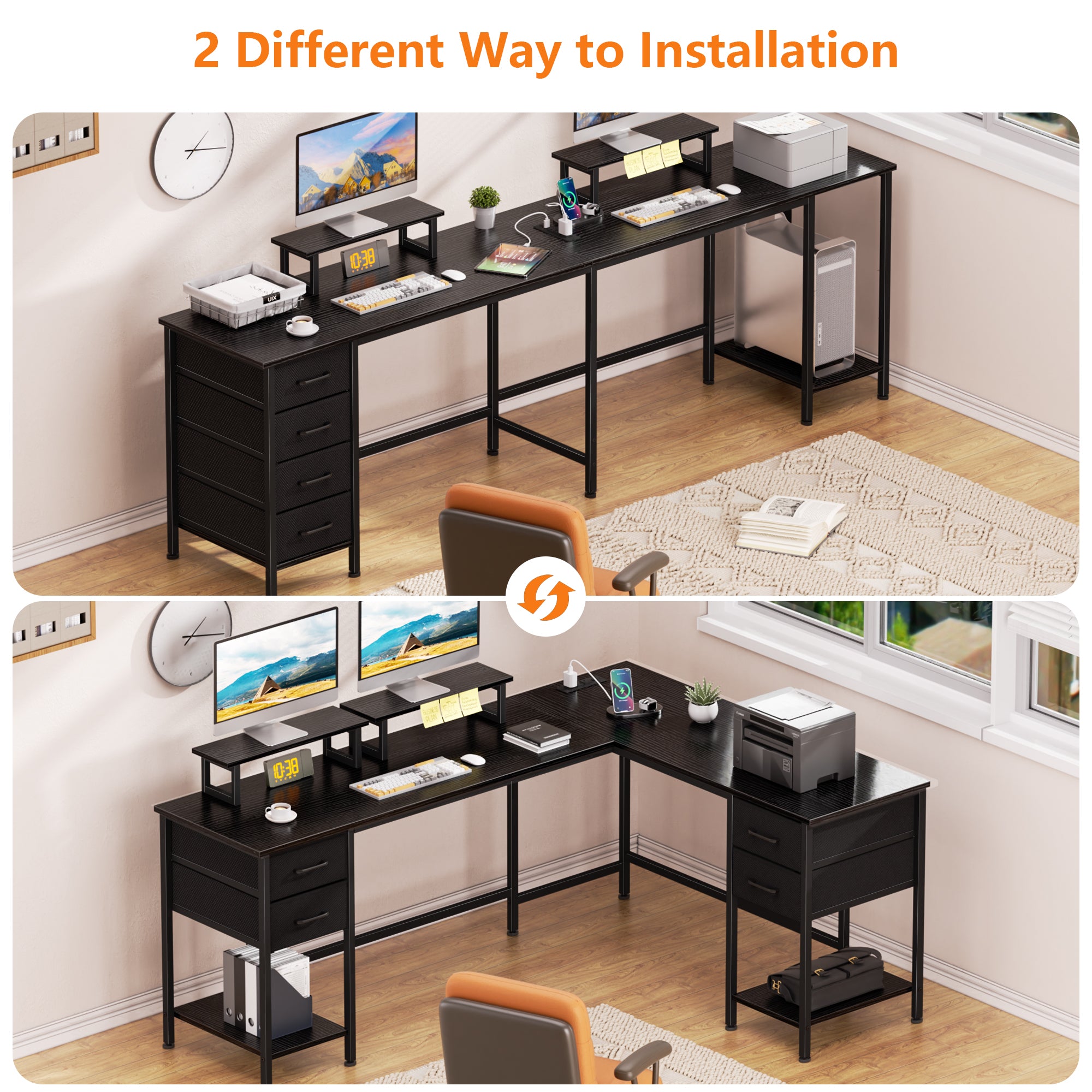 66 Inch Black L Shaped Computer Desk with Charging Station 94.4 Inch Long Two Person Gaming Desk 4 Drawers 2 Monitor Stands Home Office Storage