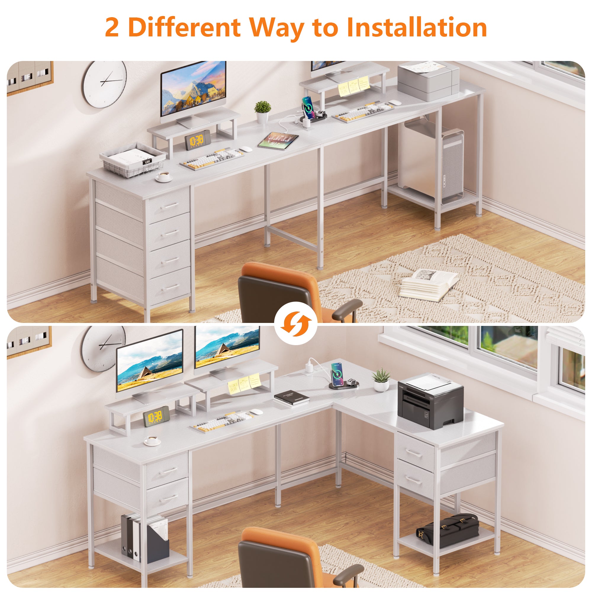 66 Inch White L Shaped Computer Desk with Charging Station 94.4 Inch Long Two Person Gaming Desk 4 Drawers 2 Monitor Stands Home Office Storage