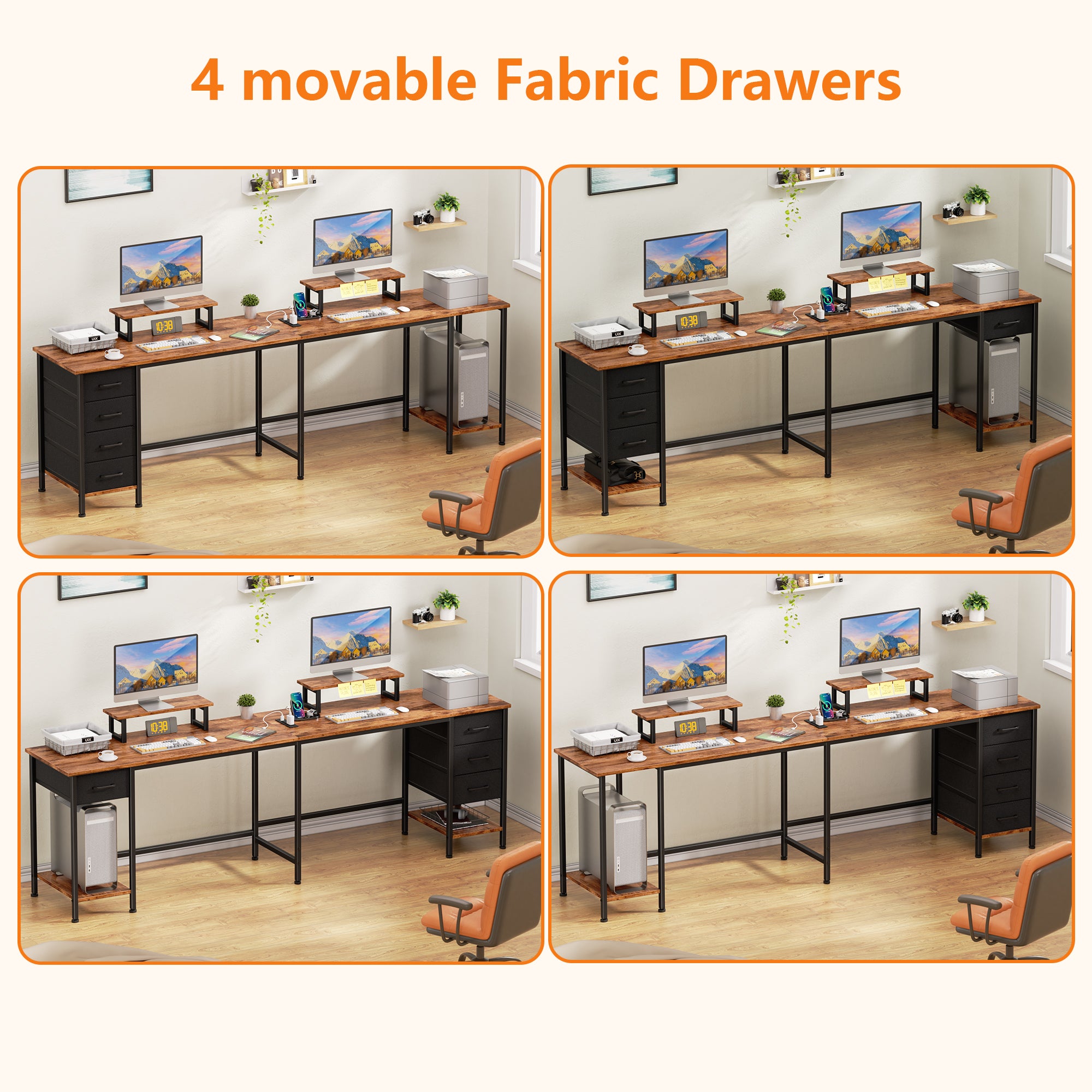 66 Inch Brown L Shaped Computer Desk with Charging Station 94.4 Inch Long Two Person Gaming Desk 4 Drawers 2 Monitor Stands Home Office Storage