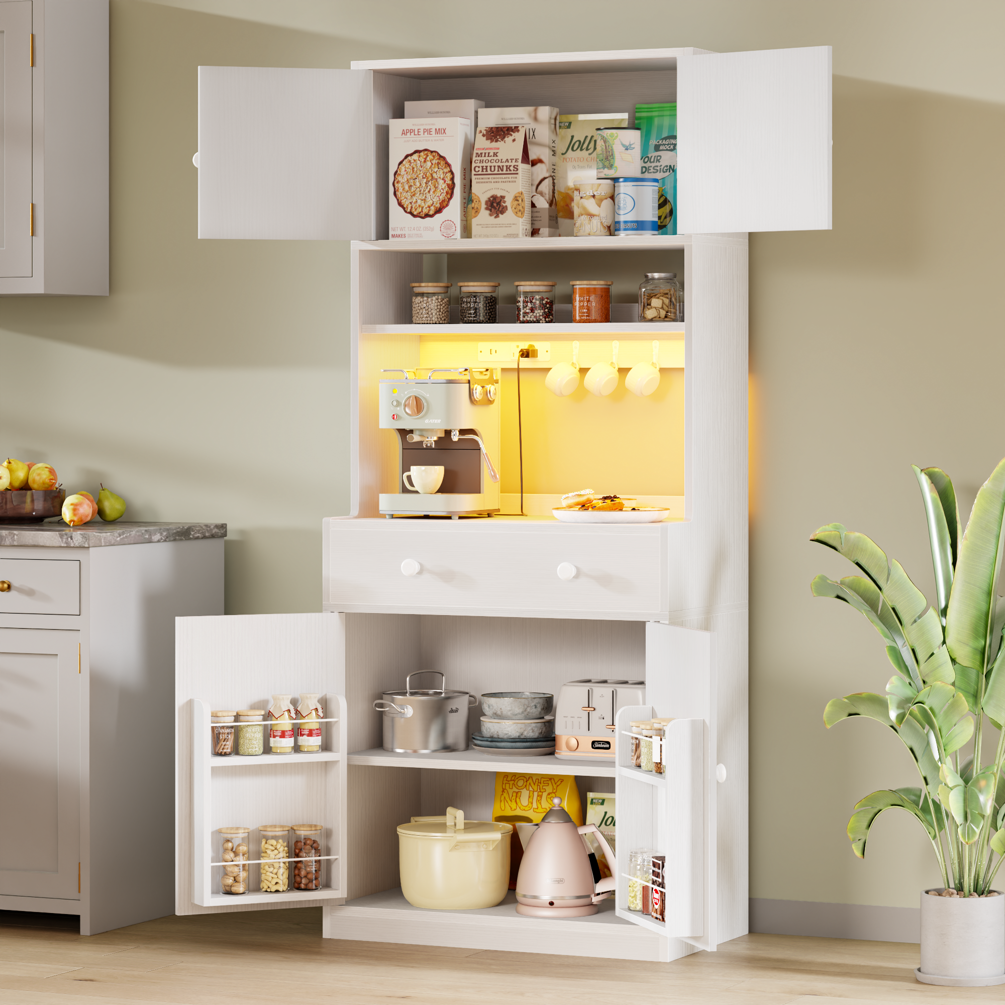 71 Inch Tall White Farmhouse Kitchen Pantry Storage Cabinet Freestanding Microwave Stand with Hutch Doors Drawers for Dining Room Furniture Addition