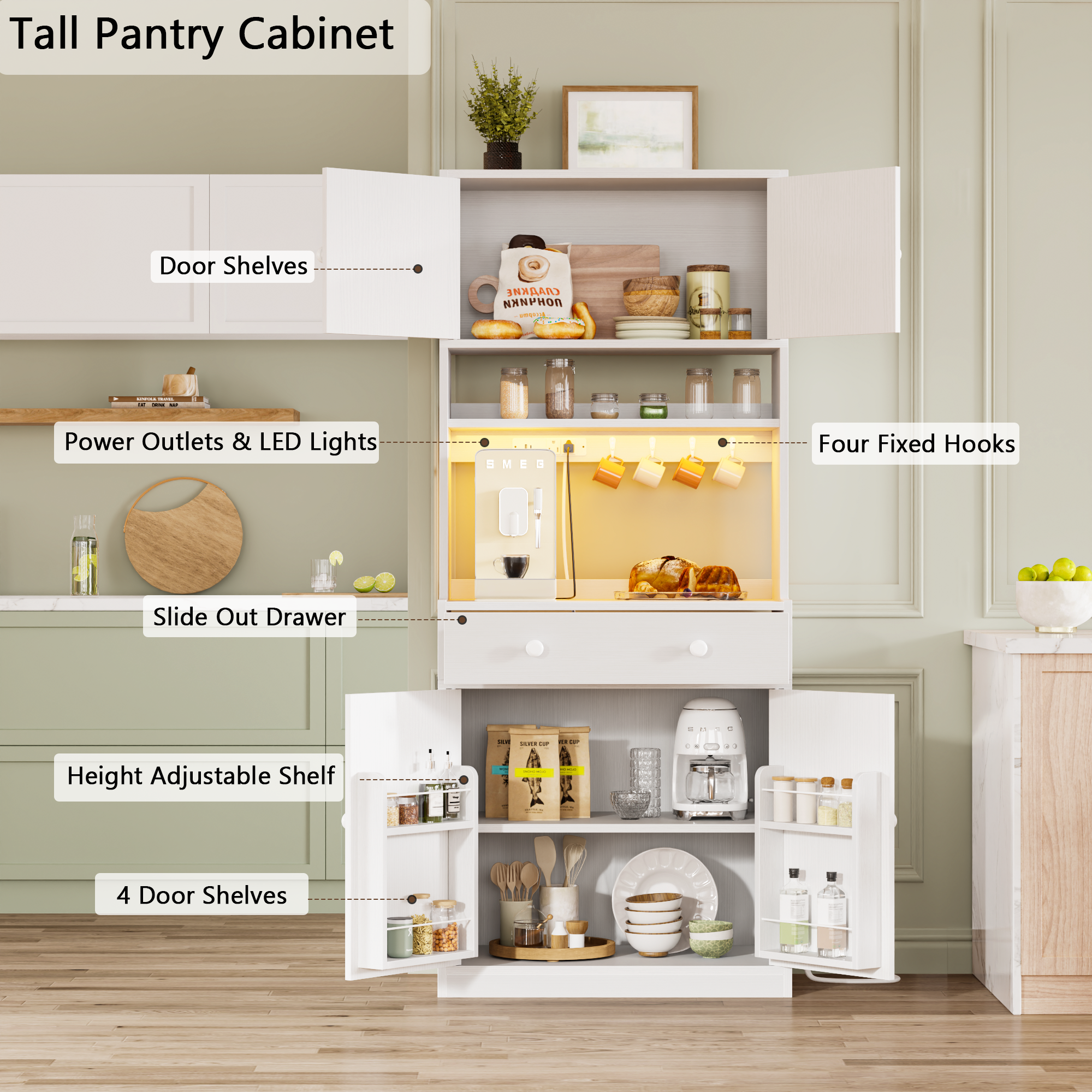 71 Inch Tall White Farmhouse Kitchen Pantry Storage Cabinet Freestanding Microwave Stand with Hutch Doors Drawers for Dining Room Furniture Addition