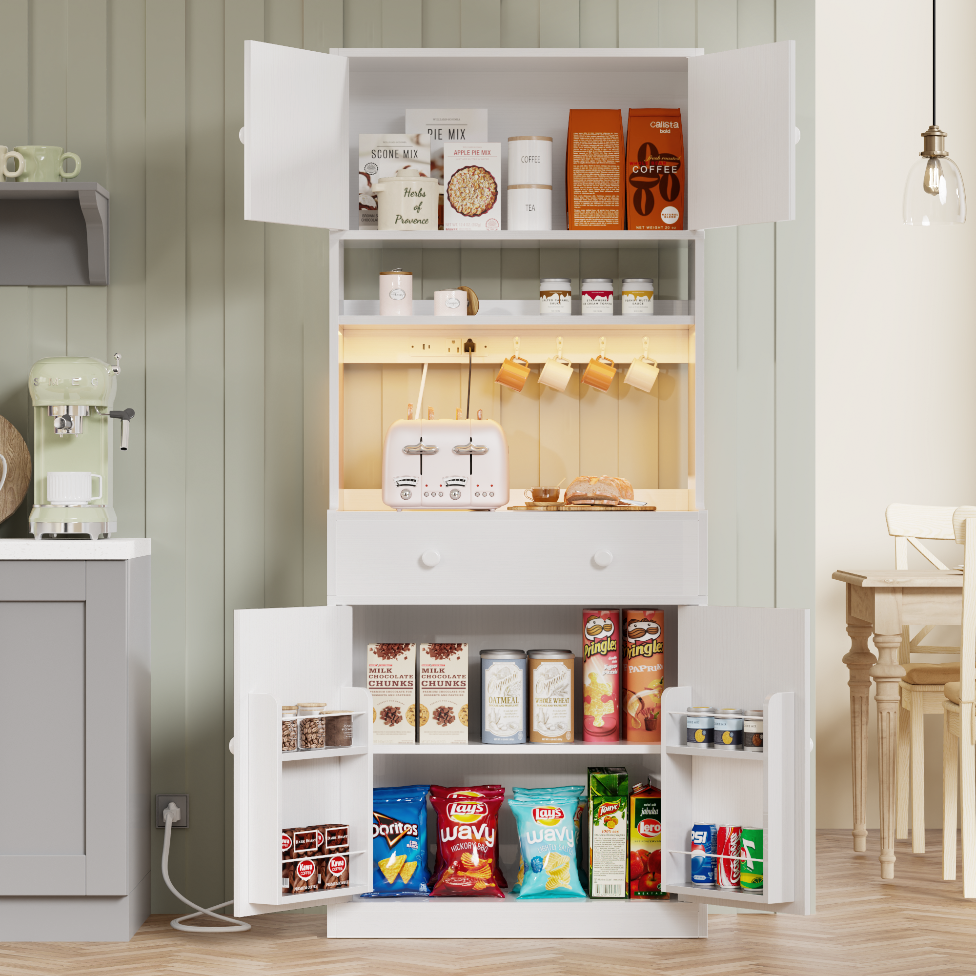 71 Inch Tall White Farmhouse Kitchen Pantry Storage Cabinet Freestanding Microwave Stand with Hutch Doors Drawers for Dining Room Furniture Addition