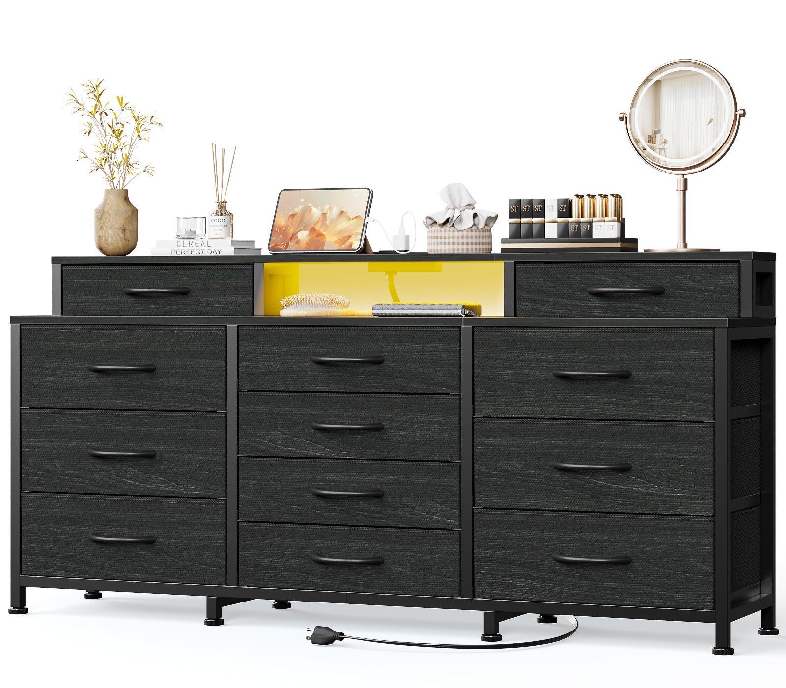 Dresser for Bedroom with LED Lights and Power Outlets 55”W Large 12 Storage Drawers Dresser Long Fabric Chests with 2 Shelves Wooden Top Black