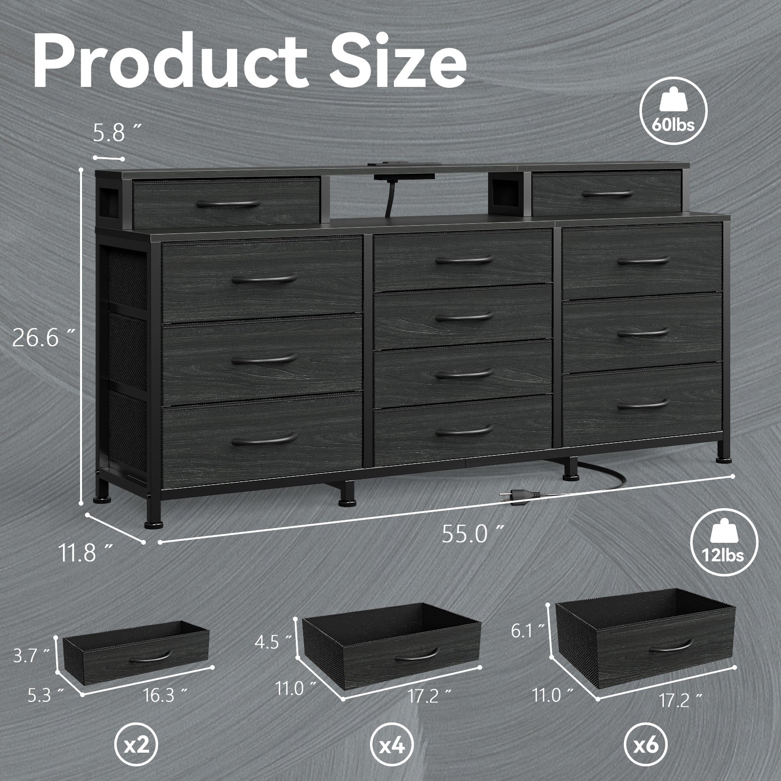 Wide Black 12 Drawer Dresser with Power Outlets LED Lights Large Fabric Storage Chest of Drawers Shelves Bedroom Furniture Organizer Unit