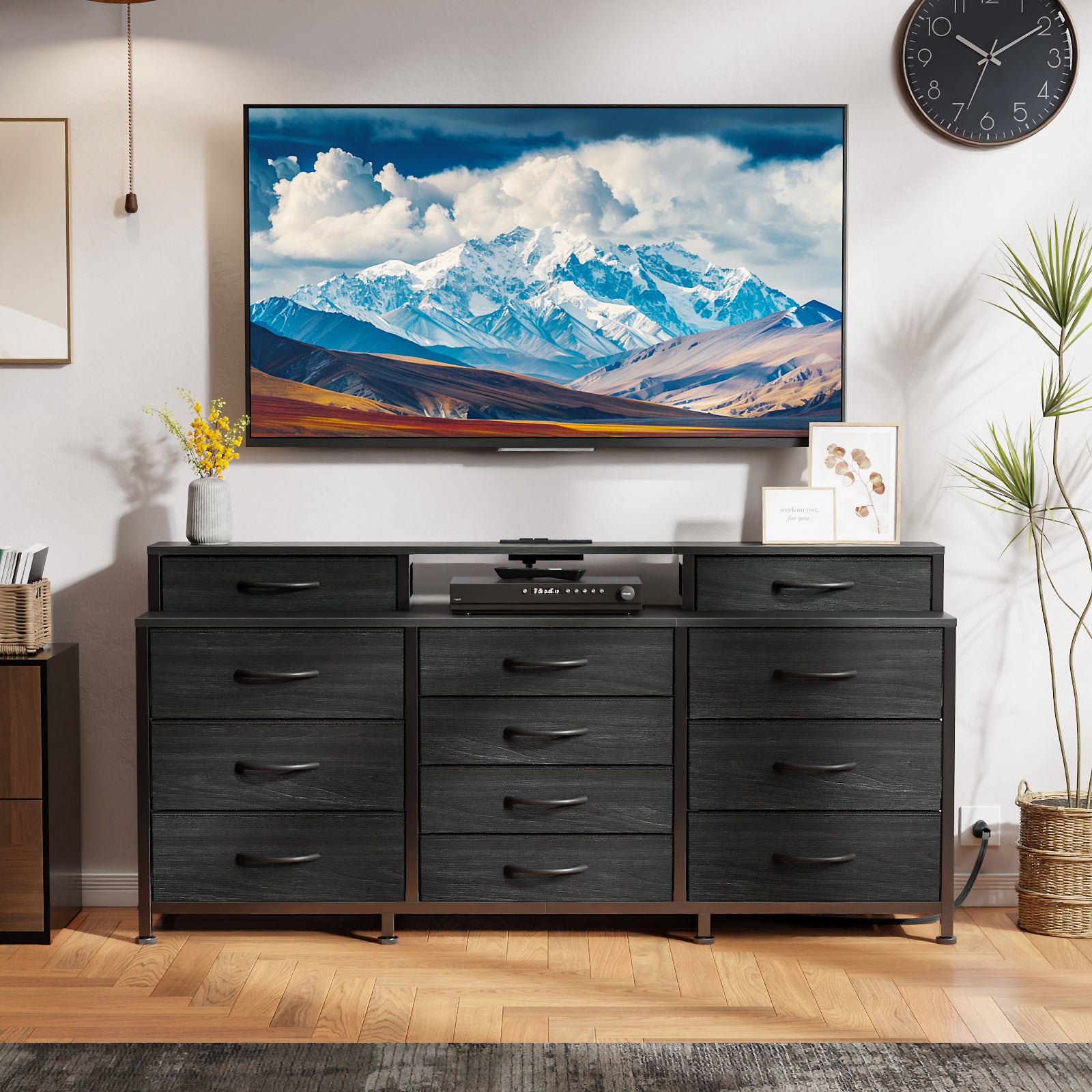 Black 12 Drawer Dresser with Charging Station 55 Inch TV Stand for 60 Inch TV LED Lights Media Console Fabric Storage Chest Bedroom Living Room