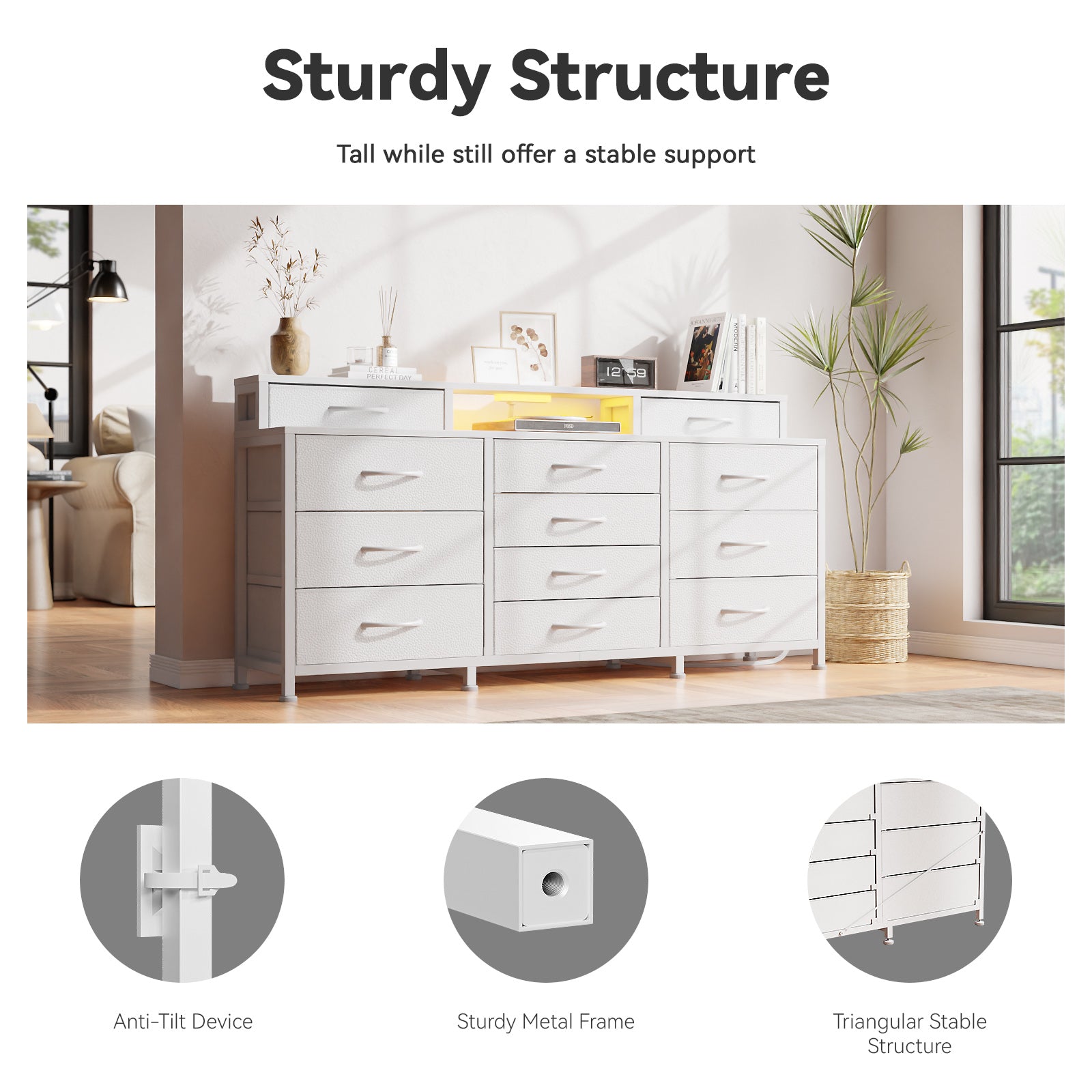 White Dresser for Bedroom with LED Lights and Power Outlets 55”W Large 12 Storage Drawers Dresser Long Fabric Chests with 2 Shelves Wooden Top