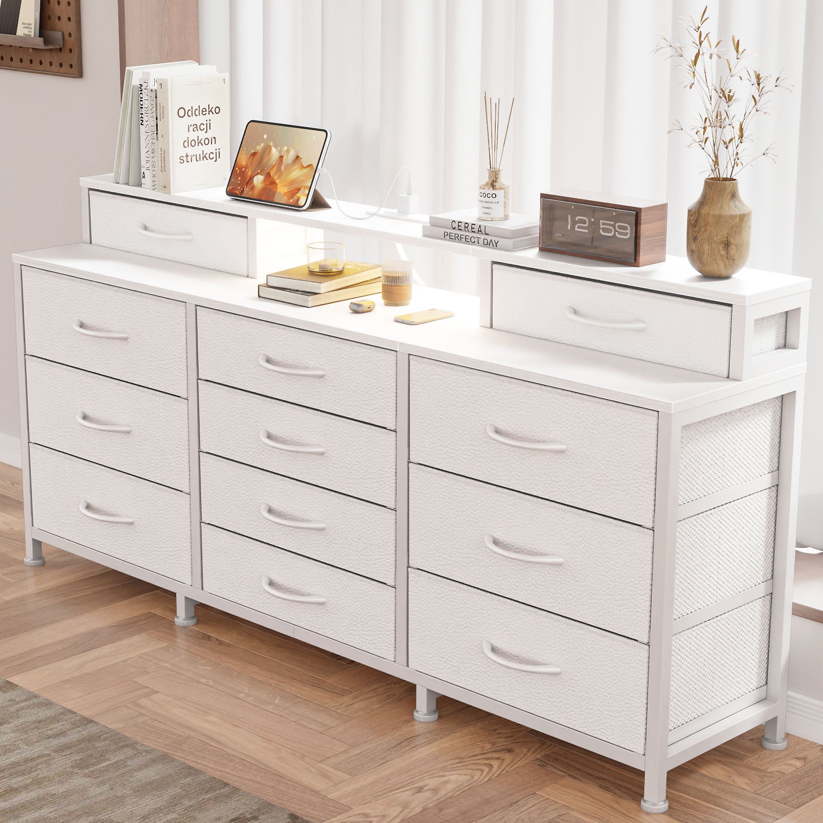 White Dresser for Bedroom with LED Lights and Power Outlets 55”W Large 12 Storage Drawers Dresser Long Fabric Chests with 2 Shelves Wooden Top