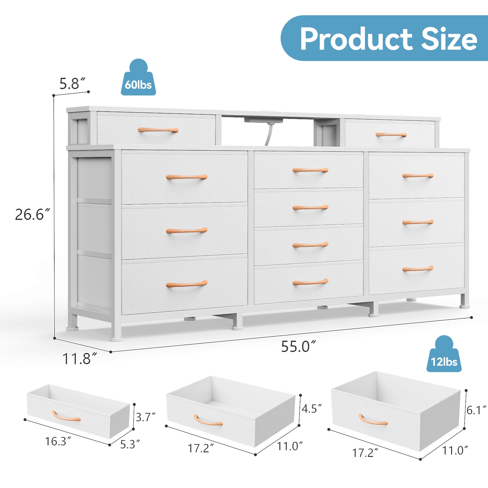 Dresser for Bedroom with LED Lights and Power Outlets 55-inch Large 12 Storage Drawers Dresser Long Fabric Chests with 2 Shelves Wooden Top White
