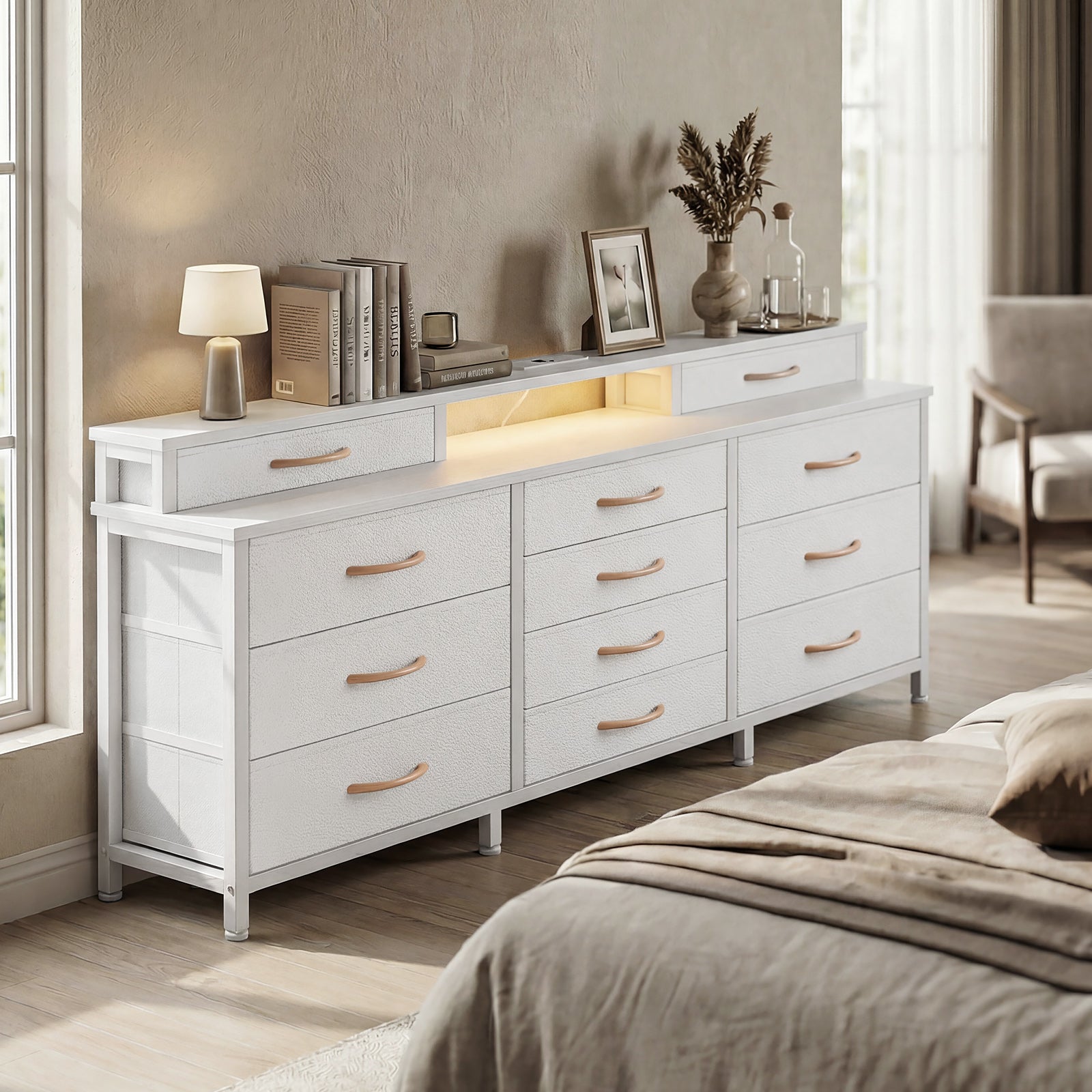 Dresser for Bedroom with LED Lights and Power Outlets 55”W Large 12 Storage Drawers Dresser Long Fabric Chests with 2 Shelves Wooden Top White