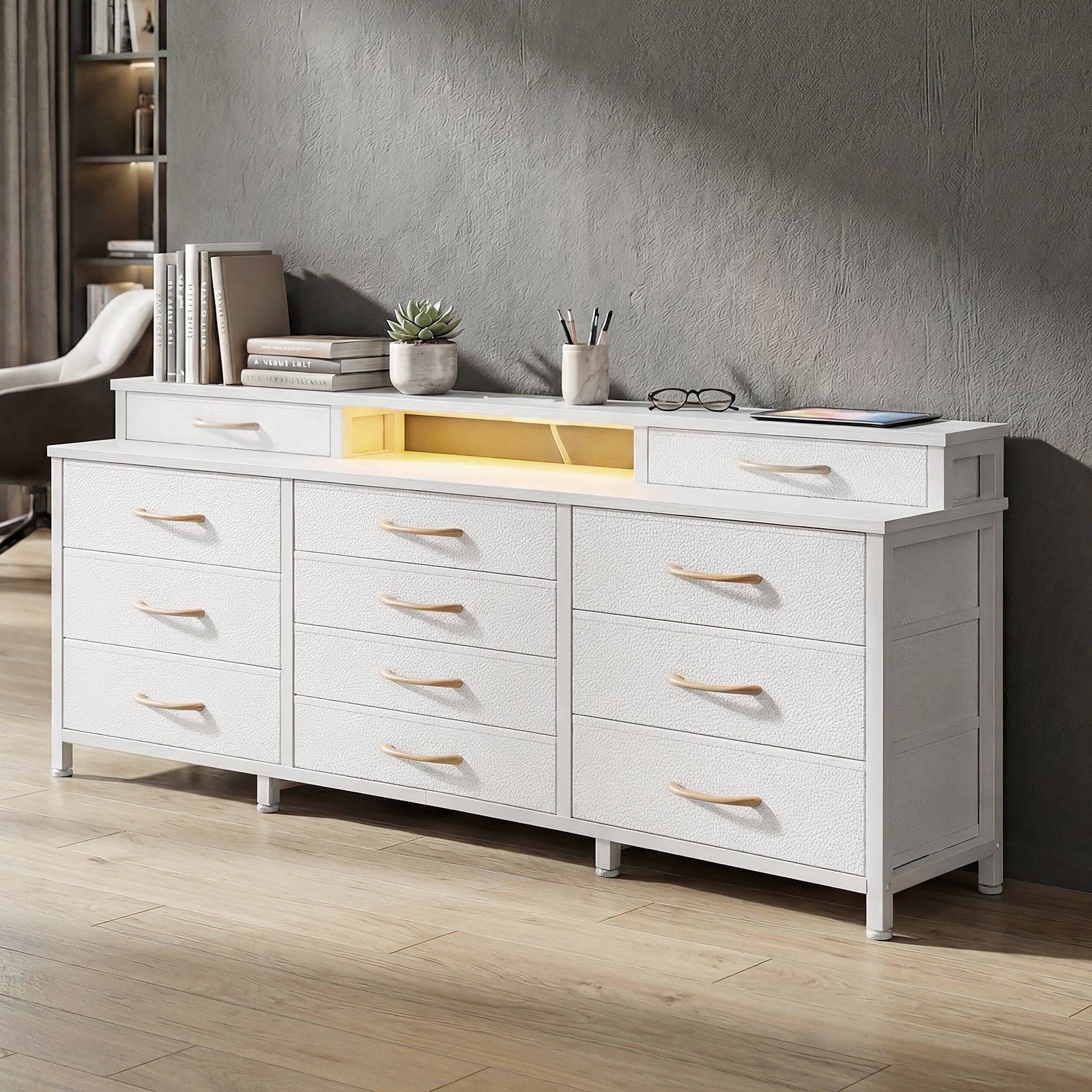 Dresser for Bedroom with LED Lights and Power Outlets 55-inch Large 12 Storage Drawers Dresser Long Fabric Chests with 2 Shelves Wooden Top White