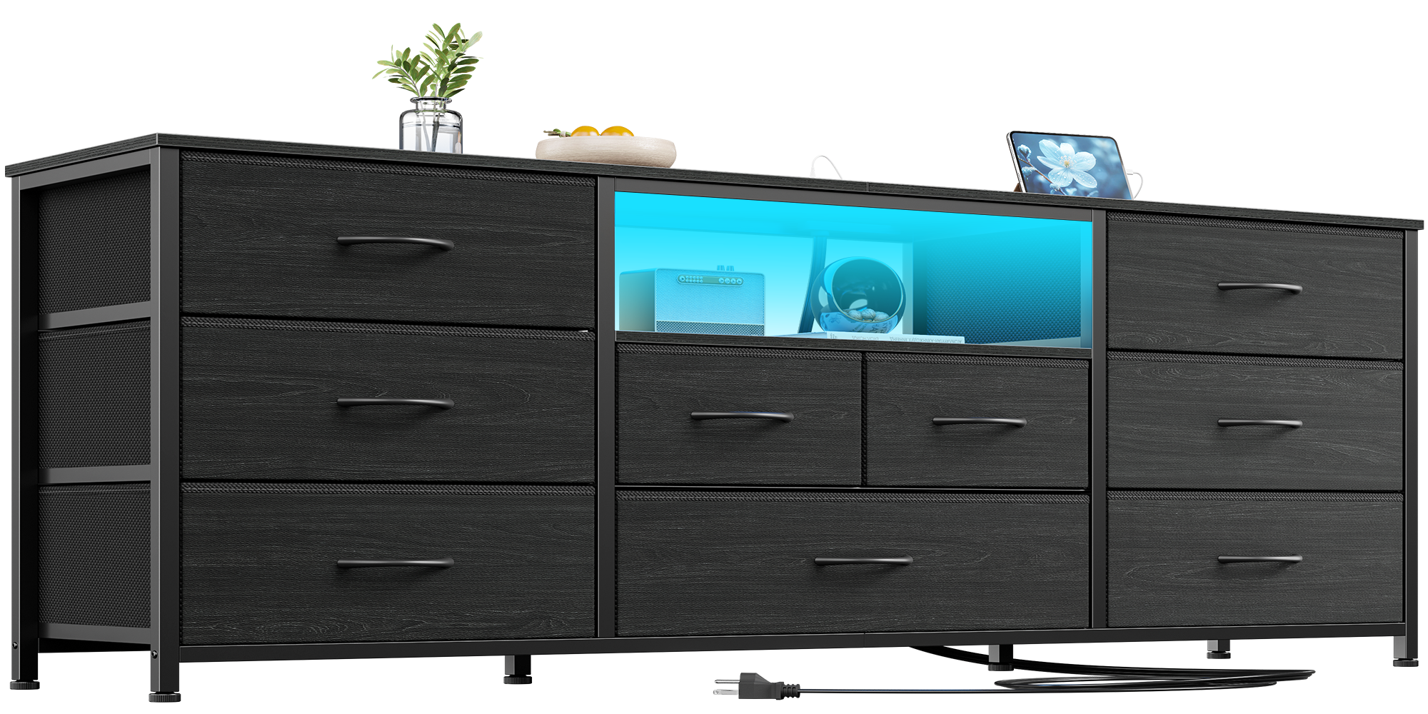 Furnulem 9 Drawer Dresser for Bedroom, 63” Long TV Stand with Power Outlet & LED Light, Black Dresser with Fabric Storage Drawers for Closet, Entertainment Center for Living Room