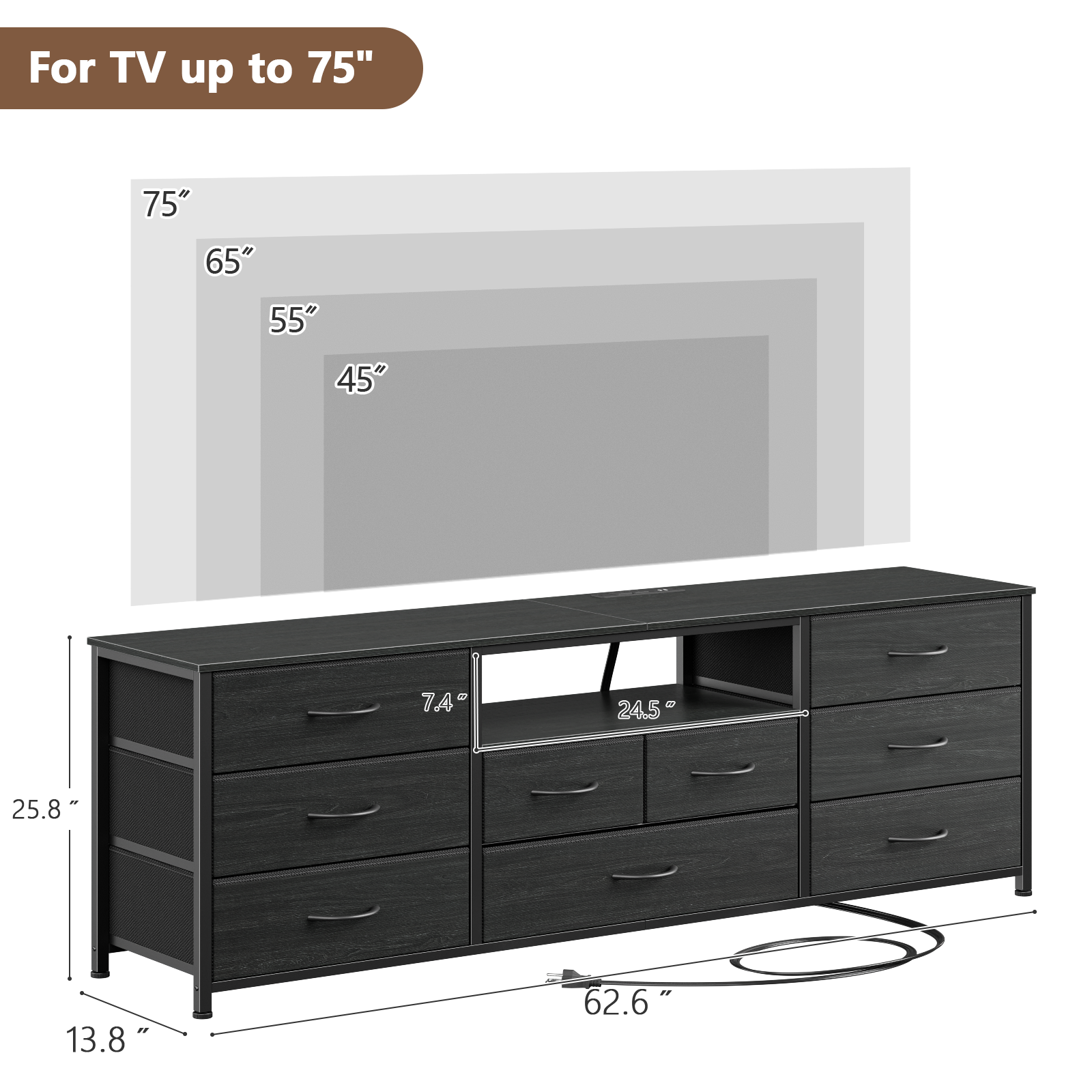 Furnulem 9 Drawer Dresser for Bedroom, 63” Long TV Stand with Power Outlet & LED Light, Black Dresser with Fabric Storage Drawers for Closet, Entertainment Center for Living Room