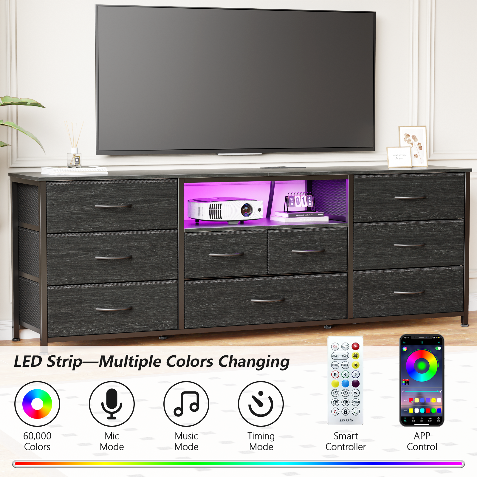 Furnulem 9 Drawer Dresser for Bedroom, 63” Long TV Stand with Power Outlet & LED Light, Black Dresser with Fabric Storage Drawers for Closet, Entertainment Center for Living Room