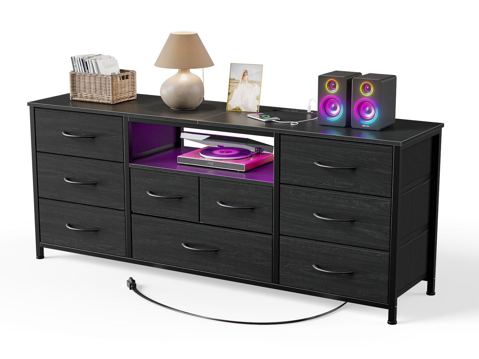 55 Inch Black TV Stand Dresser with Charging Station LED Lights 9 Drawers Media Console for TVs up to 65 Inch Wood Bedroom Storage Chest Unit