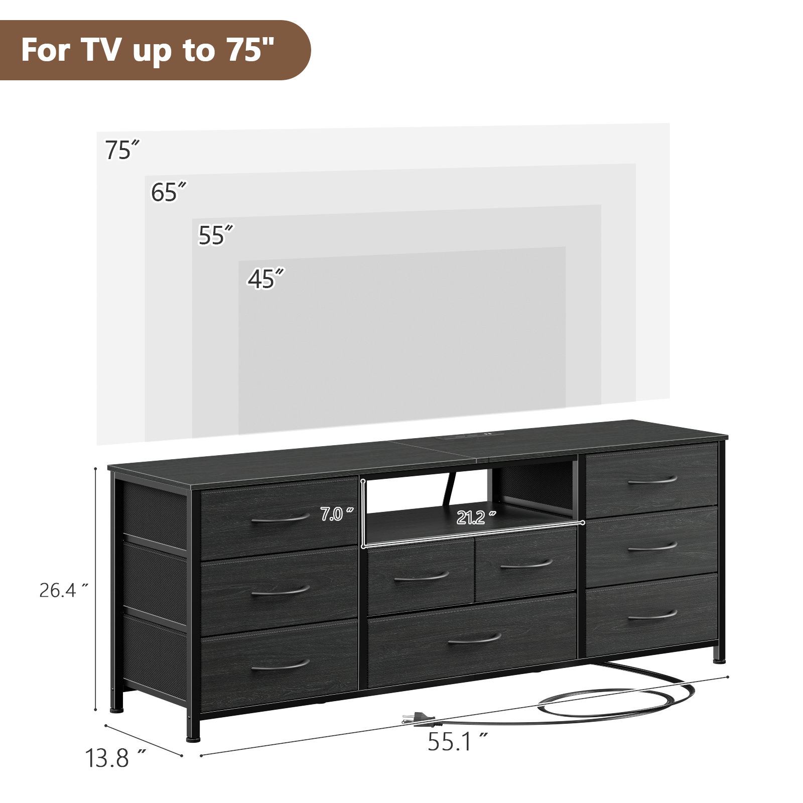 9 Drawer Dresser, 55” Long TV Stand for Bedroom, Entertainment Center with Power Outlet & LED Light for 55"-65" TV, White Dresser with Fabric Storage Drawers for Closet