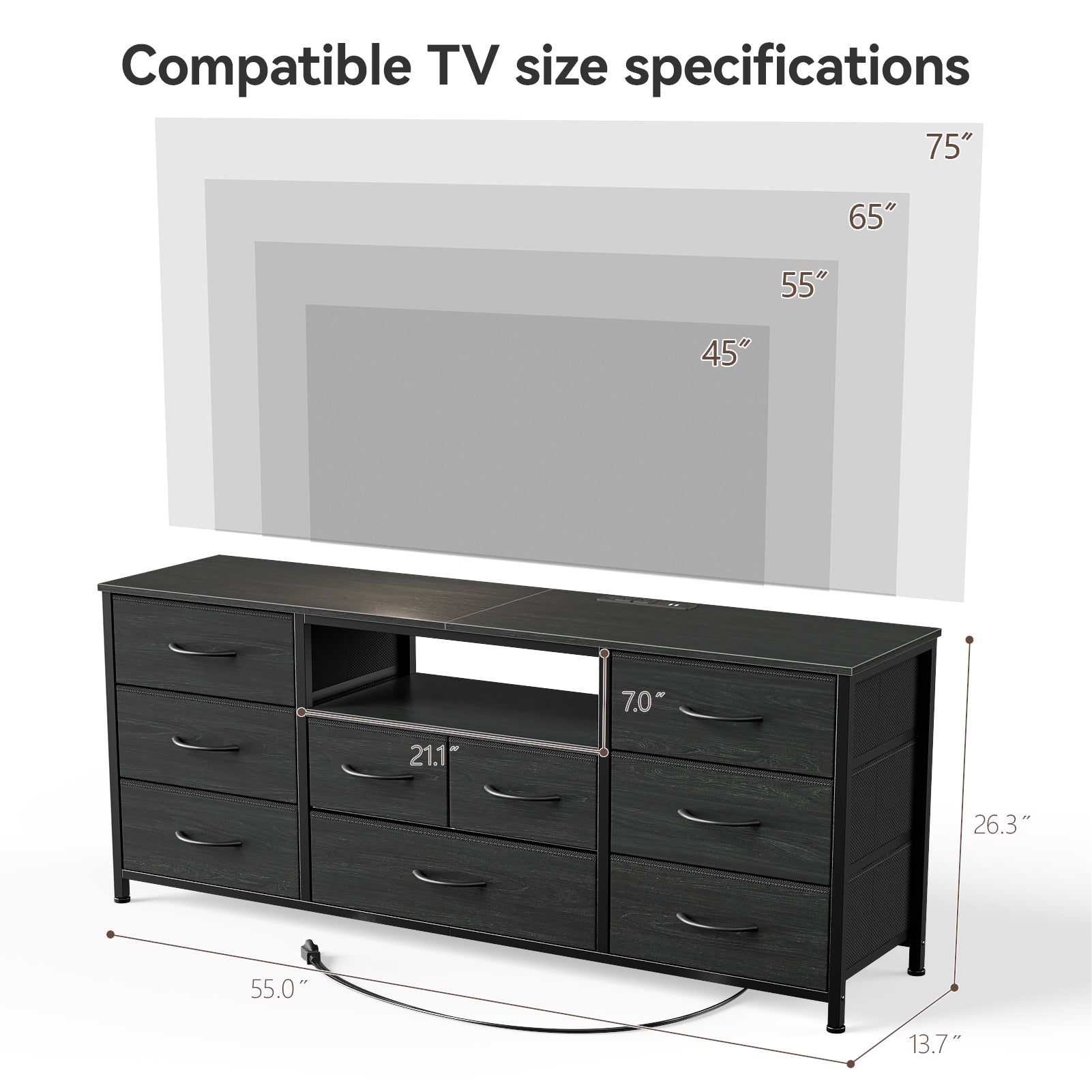 9 Drawer Dresser 55” Long TV Stand for Bedroom Entertainment Center with Power Outlet LED Light for 55"-65" TV Dresser with Fabric Storage Black