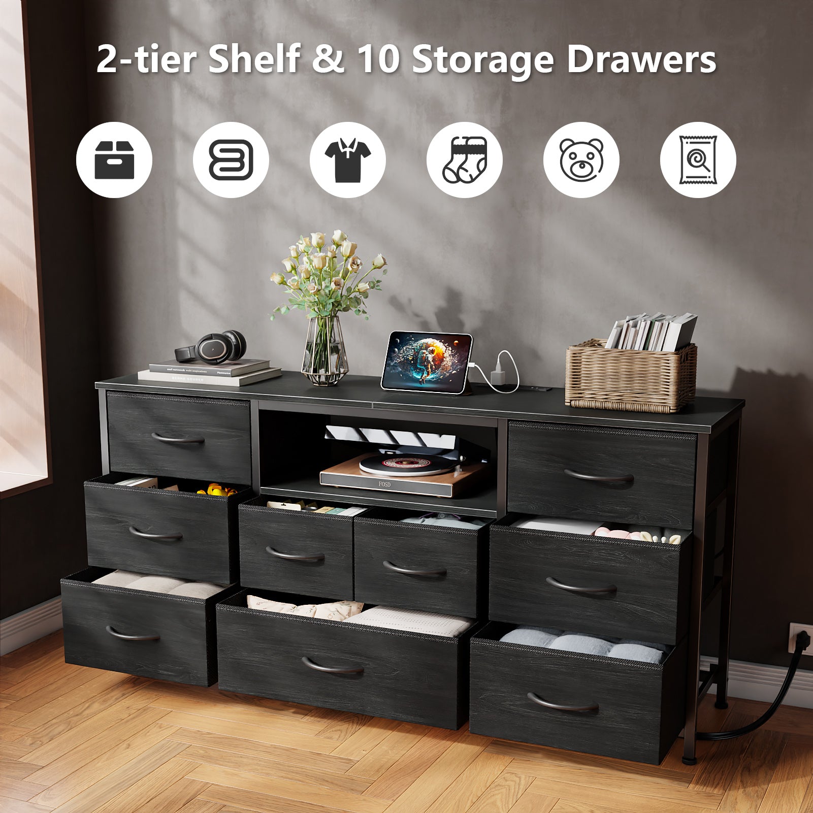 9 Drawer Dresser 55” Long TV Stand for Bedroom Entertainment Center with Power Outlet LED Light for 55"-65" TV Dresser with Fabric Storage Black