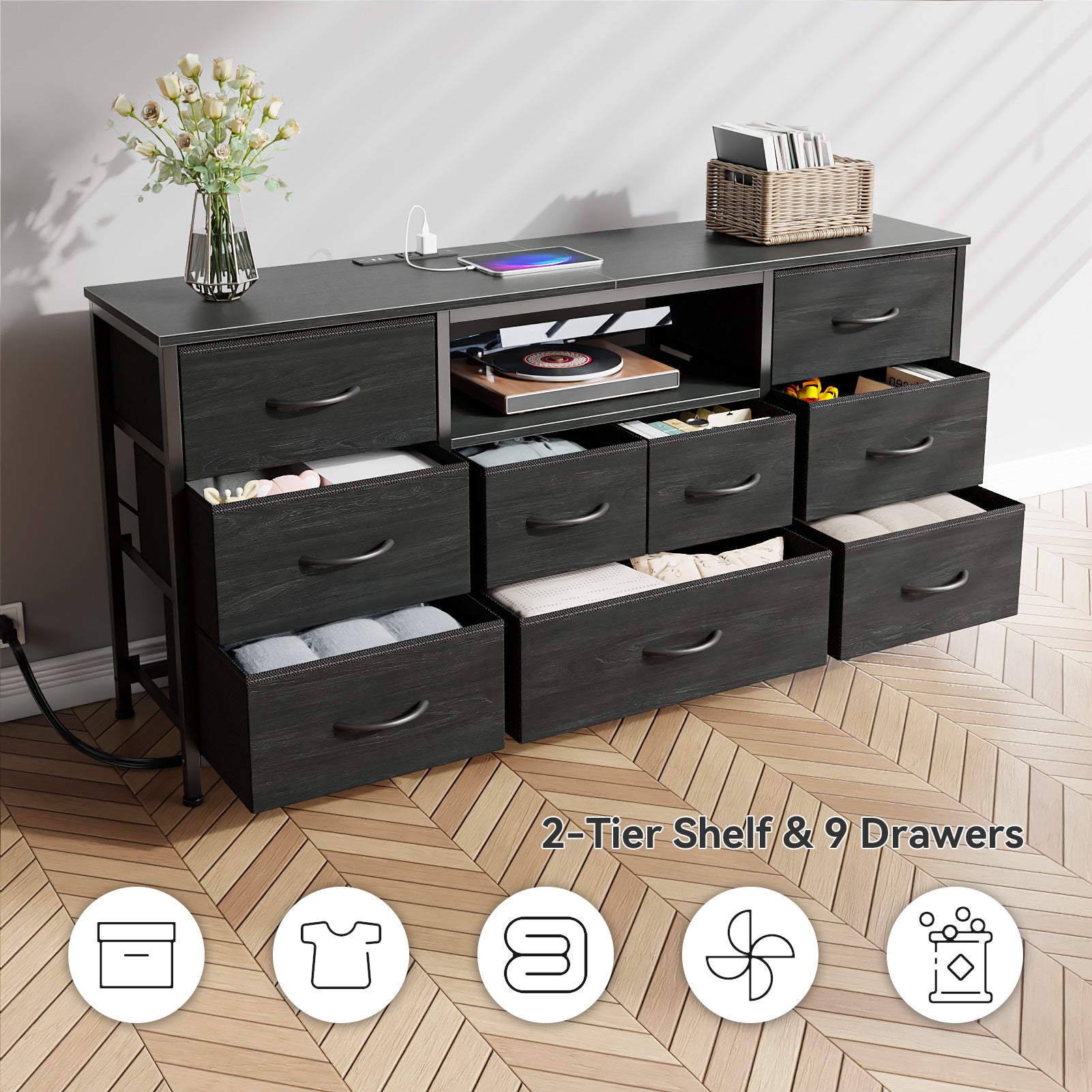 9 Drawer Dresser 55” Long TV Stand for Bedroom Entertainment Center with Power Outlet LED Light for 55"-65" TV Dresser with Fabric Storage Black