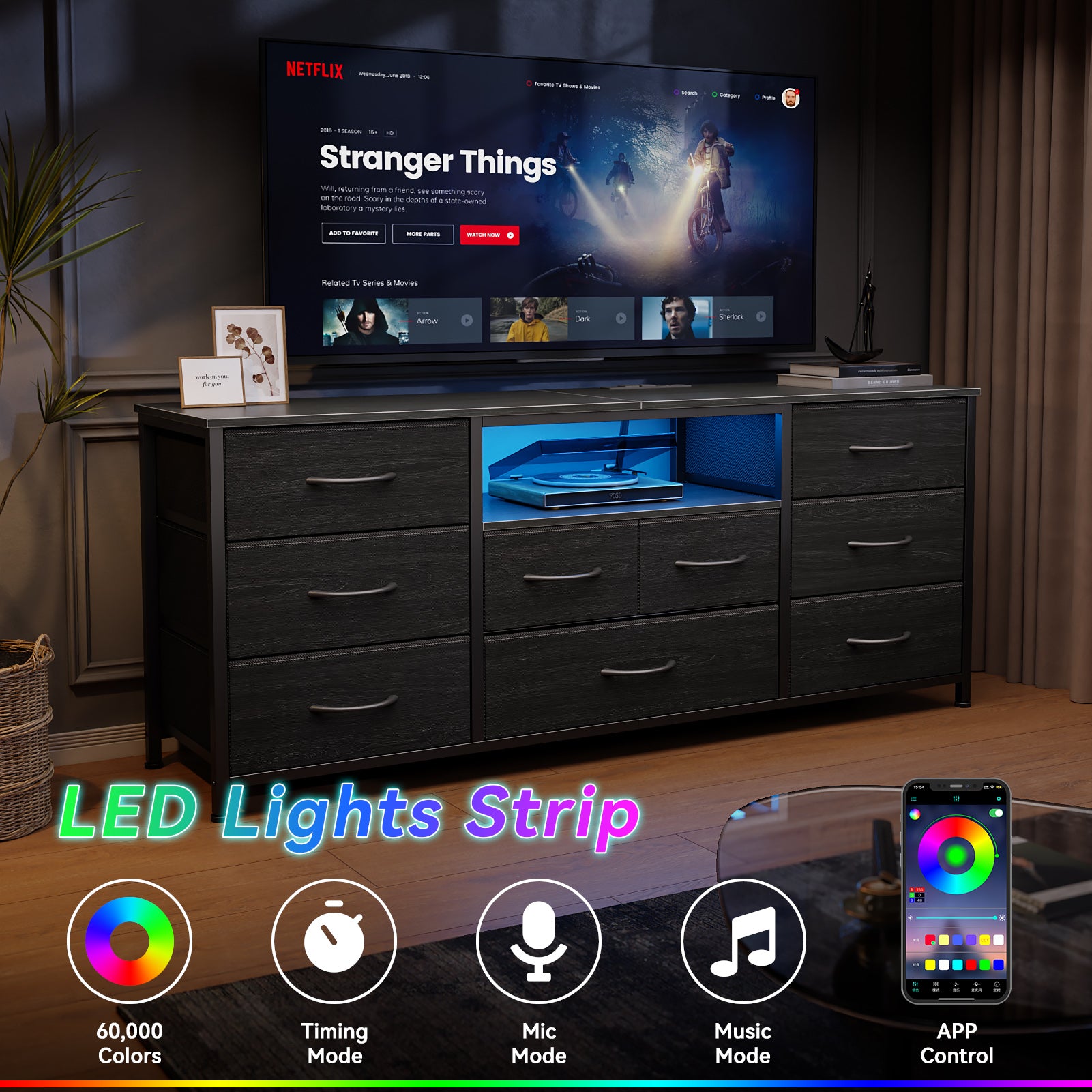 55 Inch Black TV Stand Dresser with Charging Station LED Lights 9 Drawers Media Console for TVs up to 65 Inch Wood Bedroom Storage Chest Unit