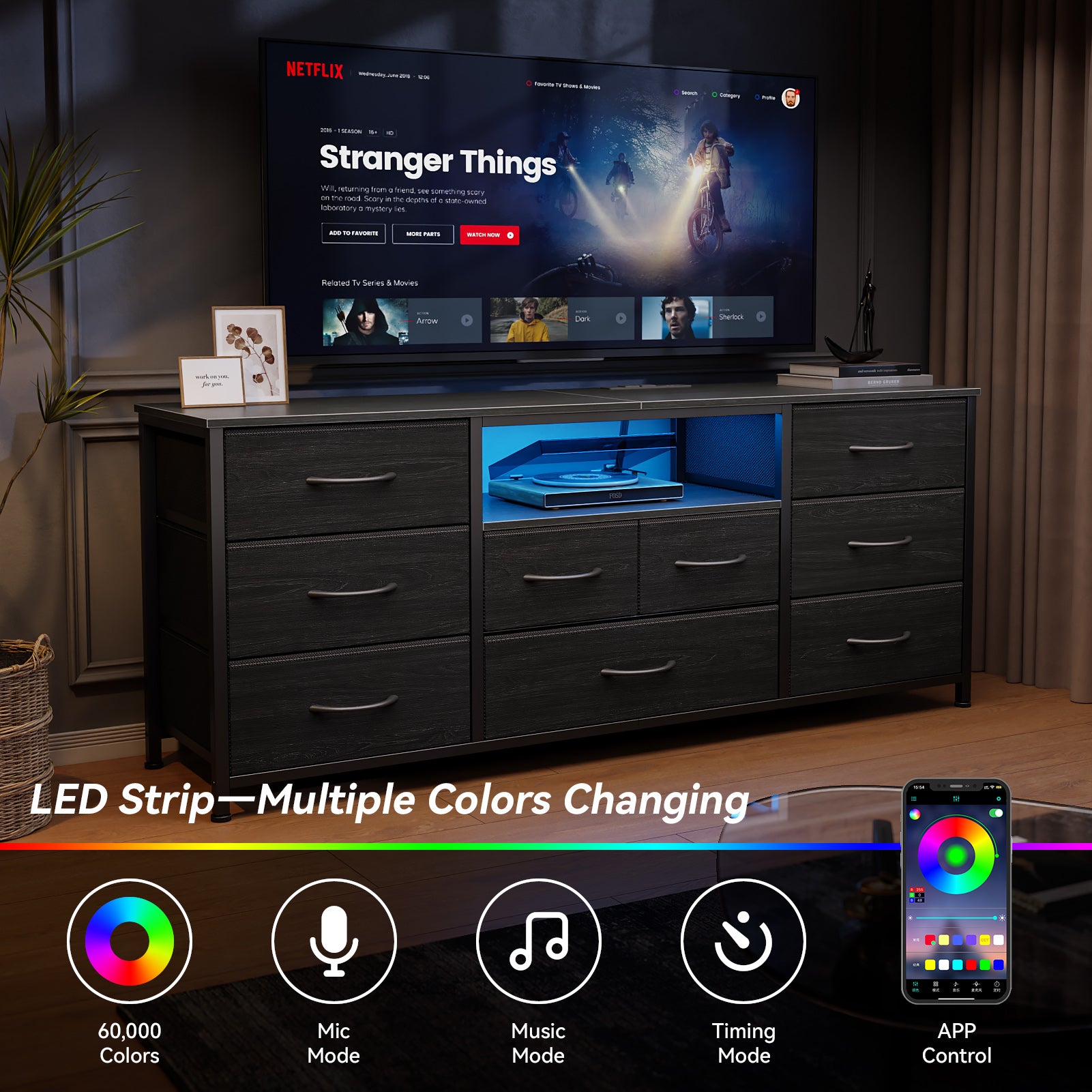 Black Media Console TV Stand Dresser 9 Drawers with Charging Station LED Lights for TVs up to 65 Inch Bedroom Storage Wood Chest Organizer Unit