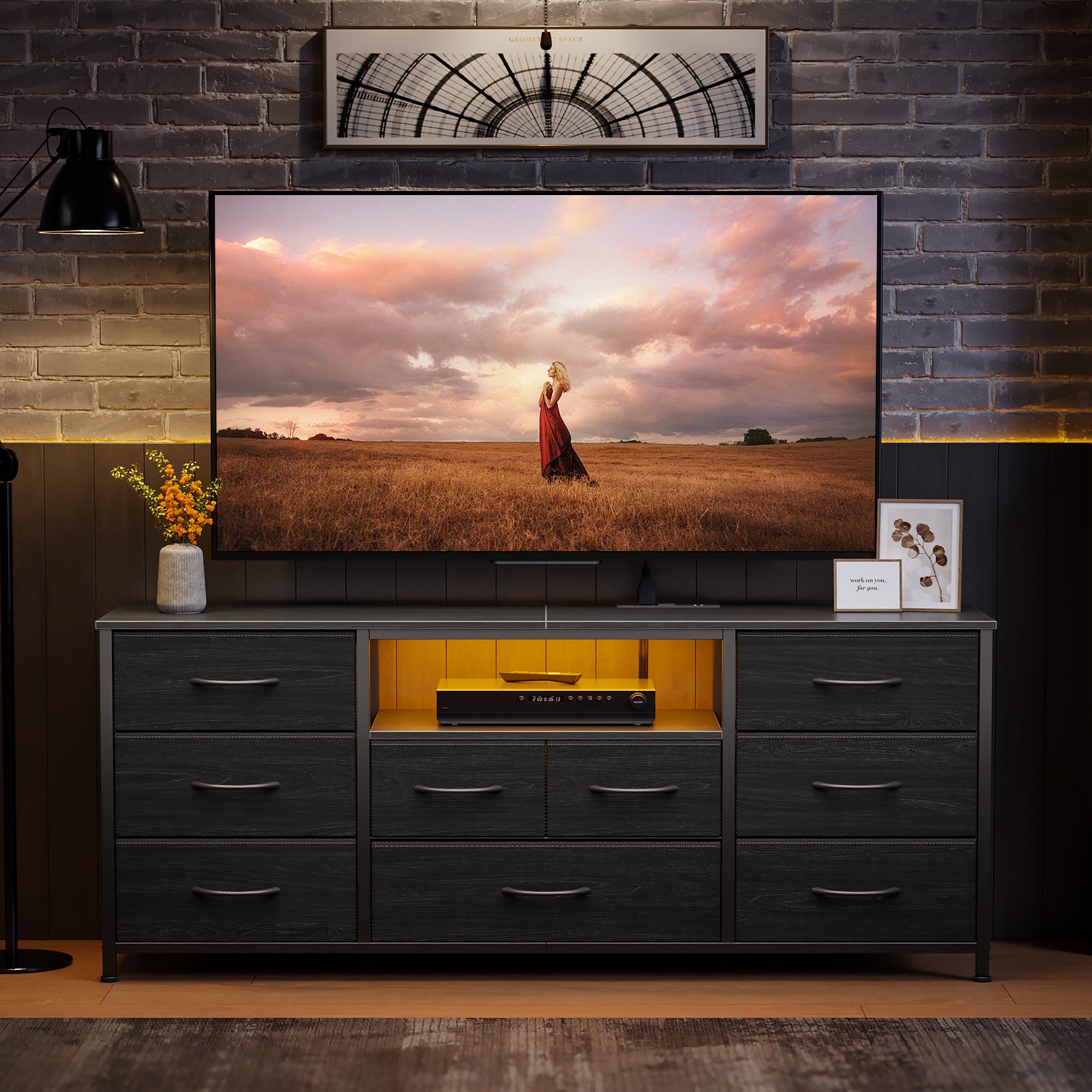 9 Drawer Dresser 55” Long TV Stand for Bedroom Entertainment Center with Power Outlet LED Light for 55"-65" TV Dresser with Fabric Storage Black