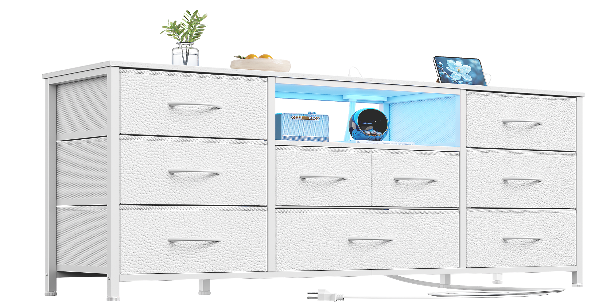 Furnulem 9 Drawer Dresser, 55” Long TV Stand for Bedroom, Entertainment Center with Power Outlet & LED Light for 55"-65" TV, White Dresser with Fabric Storage Drawers for Closet