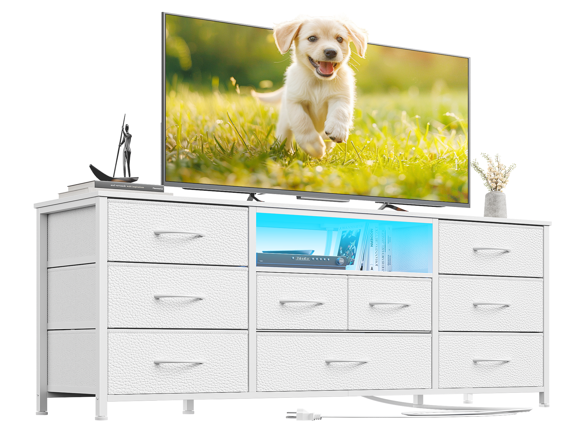 Furnulem 9 Drawer Dresser, 55” Long TV Stand for Bedroom, Entertainment Center with Power Outlet & LED Light for 55"-65" TV, White Dresser with Fabric Storage Drawers for Closet