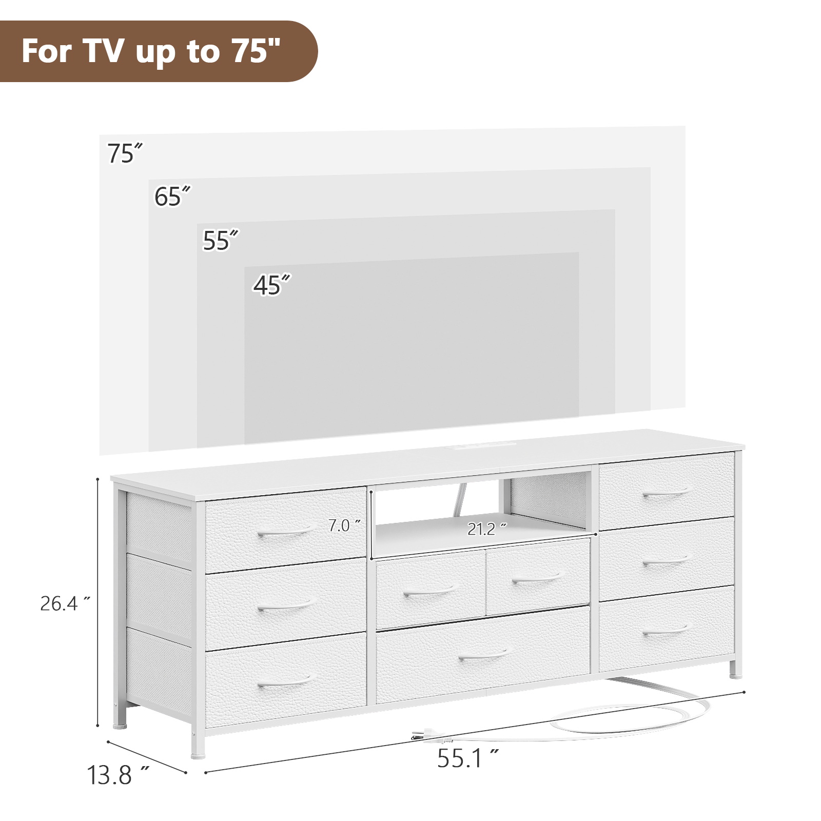 9 Drawer Dresser, 55” Long TV Stand for Bedroom, Entertainment Center with Power Outlet & LED Light for 55"-65" TV, White Dresser with Fabric Storage Drawers for Closet