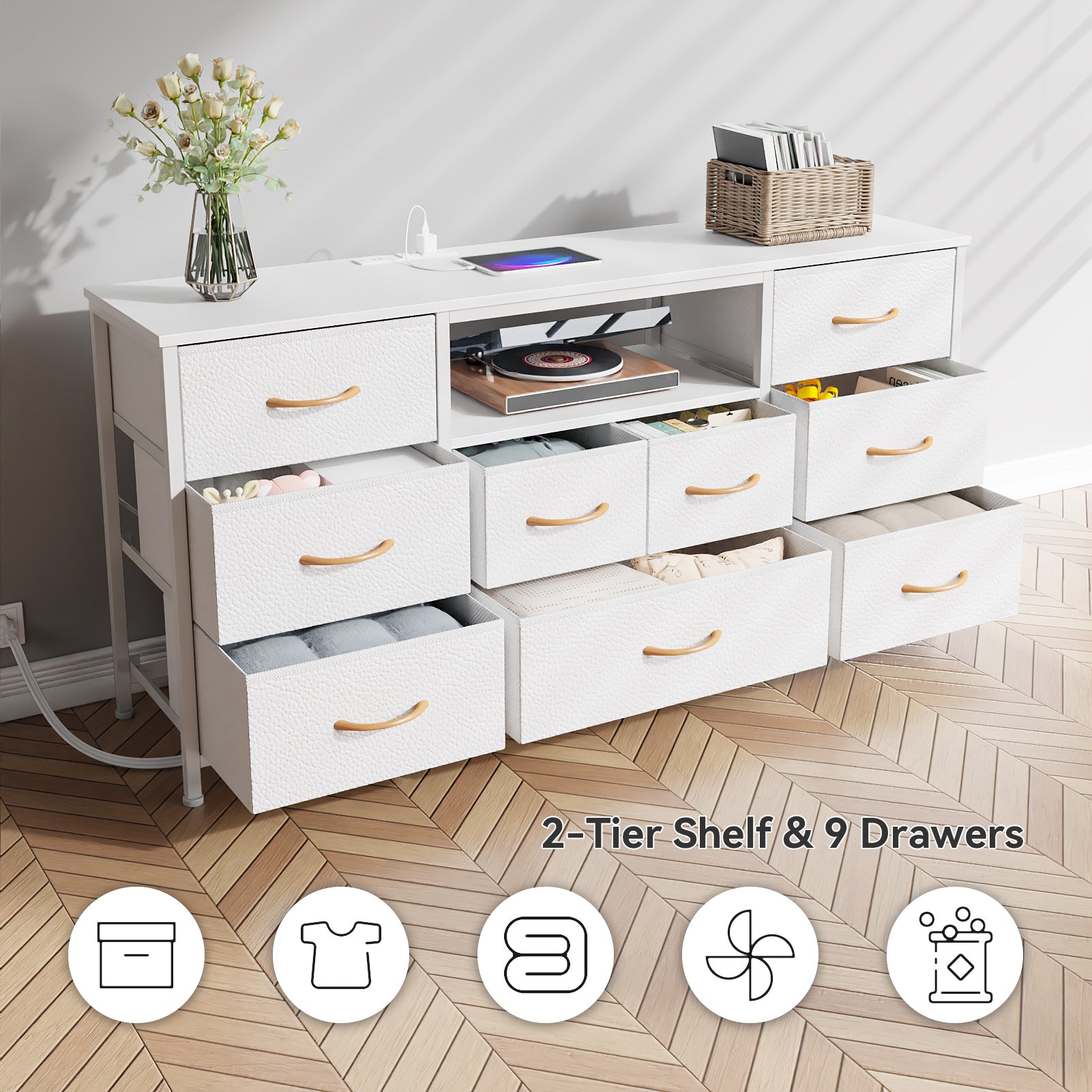 White 9 Drawer Dresser TV Stand for 65 Inch TV with Charging Station LED Lights Media Console 55 Inch Wide Bedroom Storage Chest Entertainment Unit