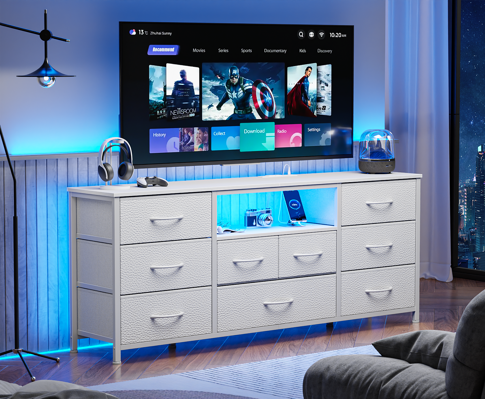 9 Drawer Dresser, 55” Long TV Stand for Bedroom, Entertainment Center with Power Outlet & LED Light for 55"-65" TV, White Dresser with Fabric Storage Drawers for Closet