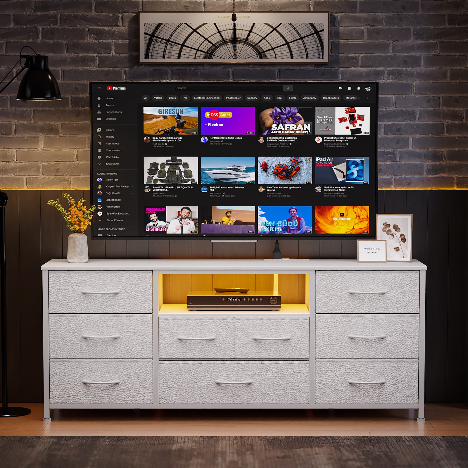 Wide White Dresser 9 Drawers TV Stand with Charging Station LED Lights Media Console for 65 Inch TV Bedroom Storage Chest Wood Shelves Organizer