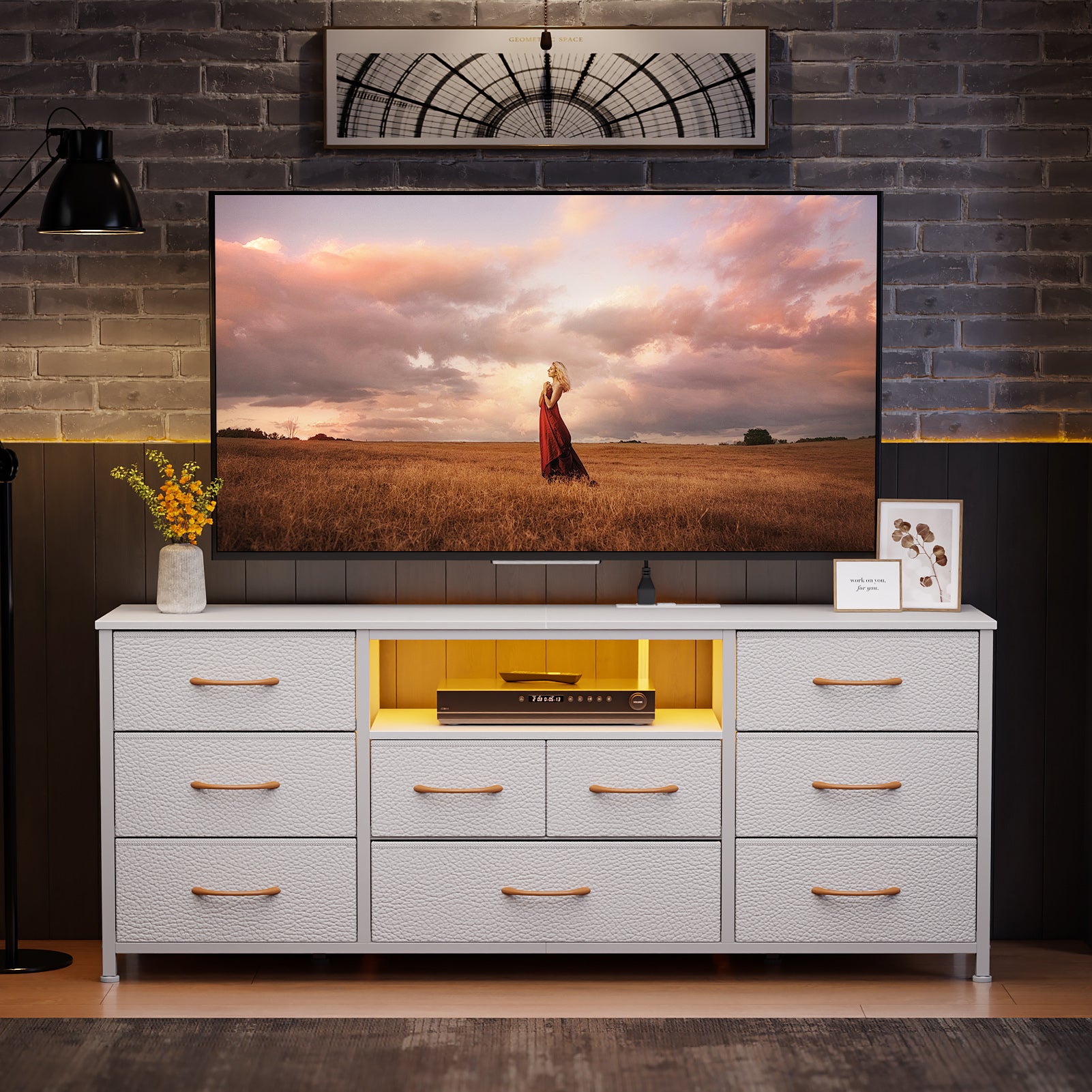 55 Inch Wide White TV Stand Dresser 9 Drawers with Power Outlets LED Lights Media Console for 65 Inch TV Bedroom Storage Chest Entertainment Center
