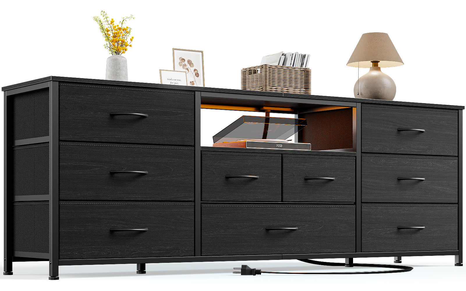 9 Drawer Wide Chest of Drawers Black Dresser for Bedroom 63 Inch TV Stand for 75 Inch TV with LED Power Outlets Fabric Bins Media Console Shelves