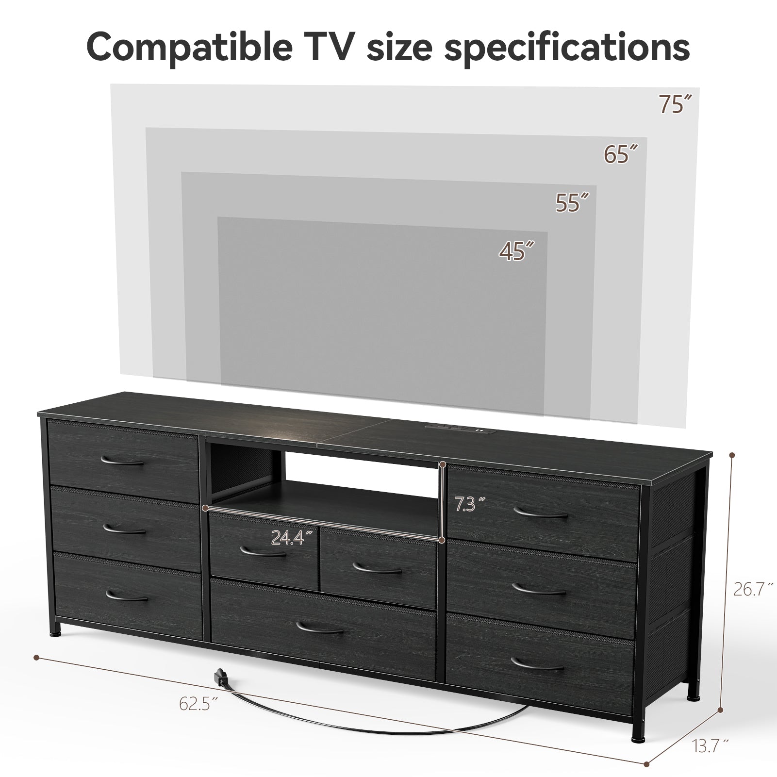 9 Drawer Wide Dresser for Bedroom 63 Inch Black Fabric Storage Chest with LED Lights and Power Outlets fits 75 Inch TV Media Console Organizer Cabinet Household