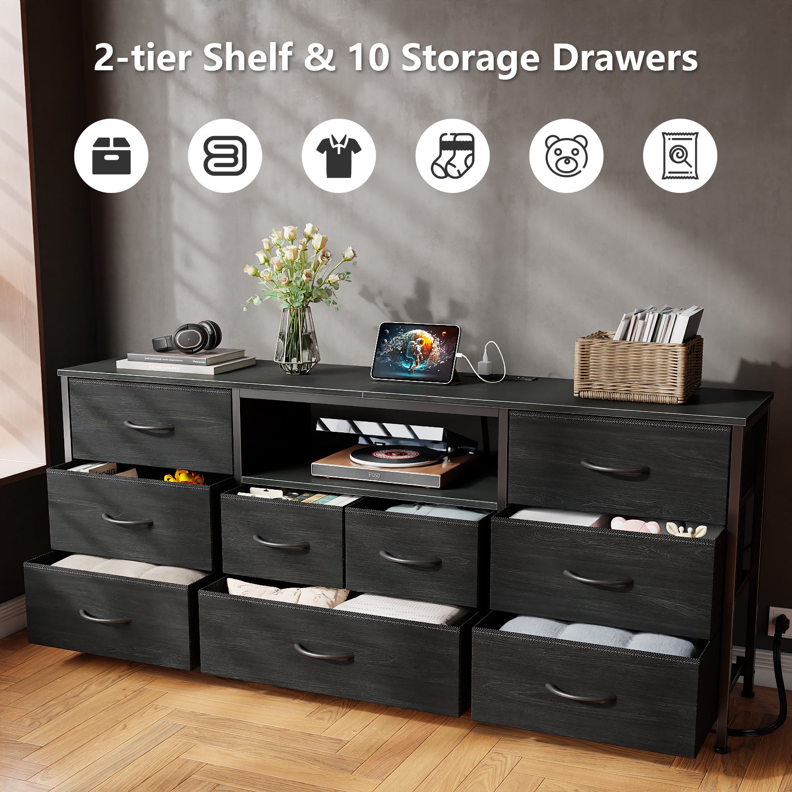 9 Drawer Dresser 63” Long TV Stand for Bedroom Center with Power Outlet & LED Light for 65"-75" TV Black Dresser with Fabric Storage Black