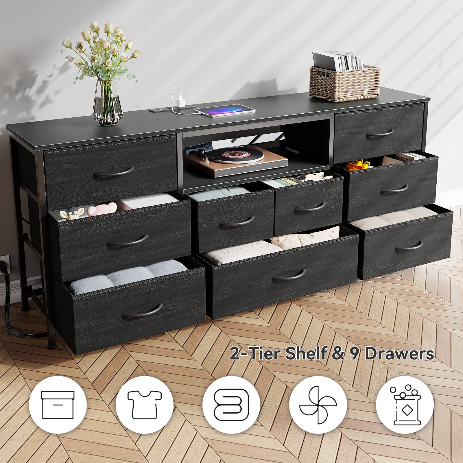 9 Drawer Wide Dresser for Bedroom 63 Inch Black Fabric Storage Chest with LED Lights and Power Outlets fits 75 Inch TV Media Console Organizer Cabinet Household