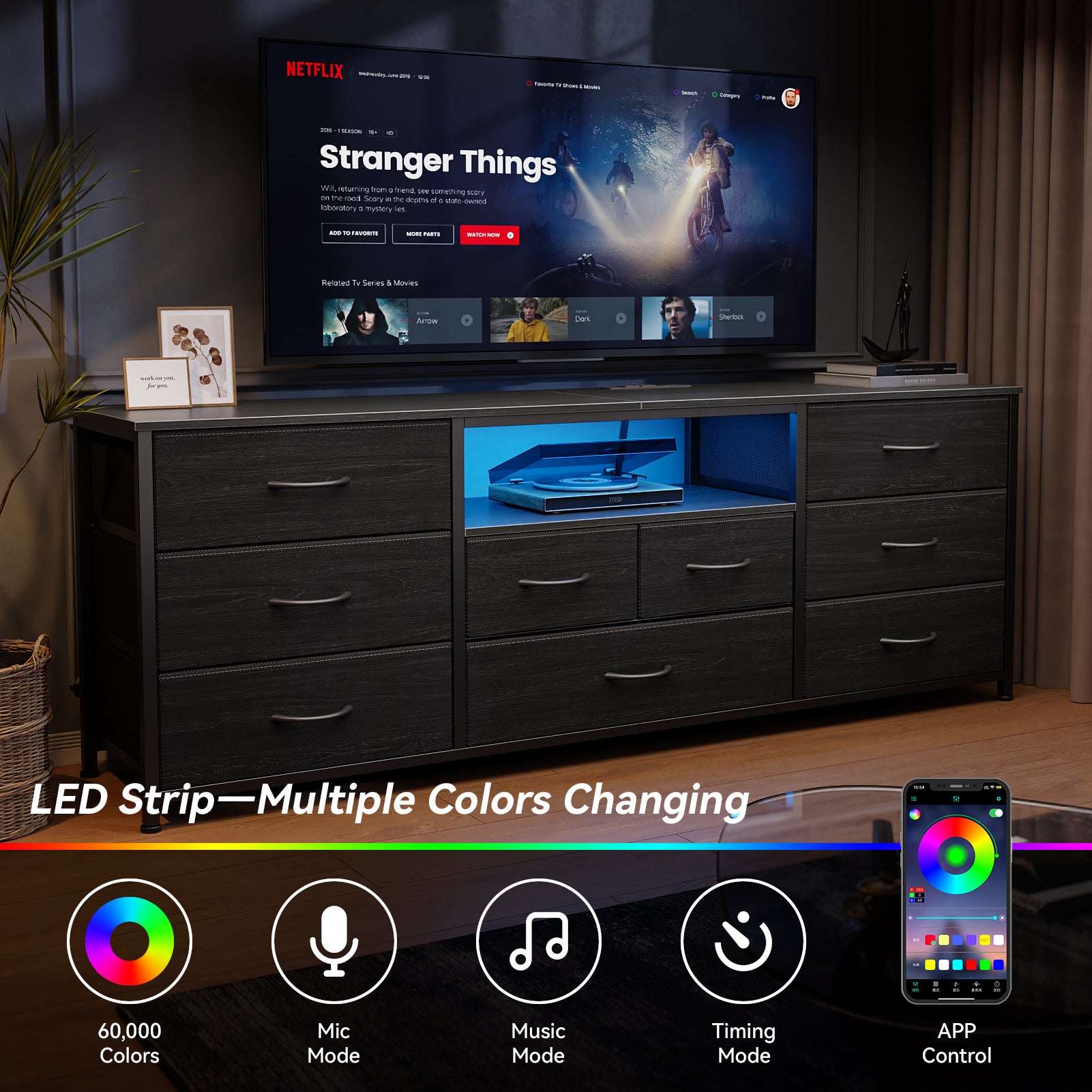 63 Inch Long Dresser TV Stand with Charging Station LED Lights 9 Fabric Drawers Media Console for 75 Inch TV Black Bedroom Storage Chest Organizer