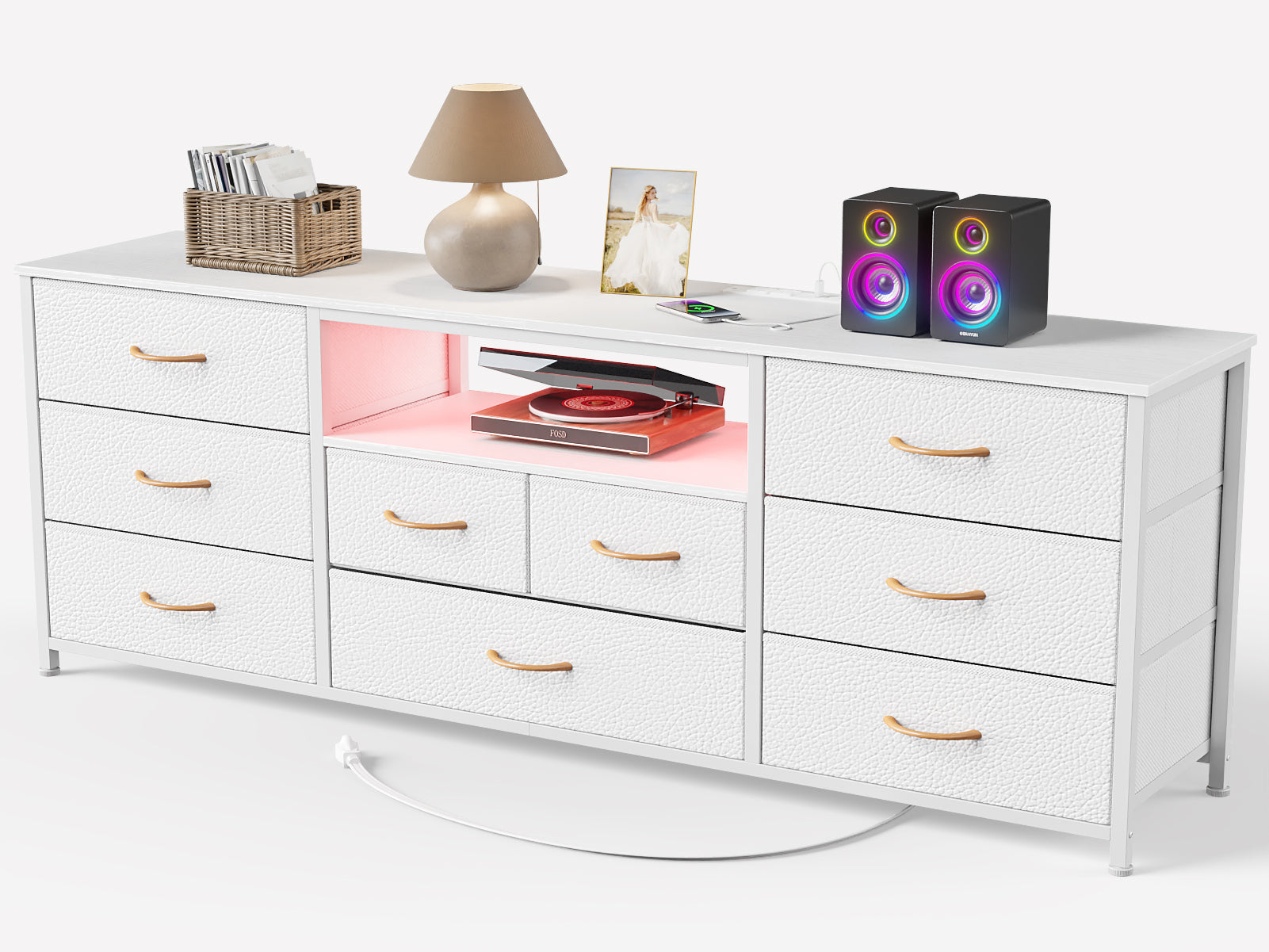 9 Drawer Dresser 63” Long TV Stand for Bedroom Entertainment Center with Power Outlet LED Light for 65"-75" TV White Dresser with Fabric
