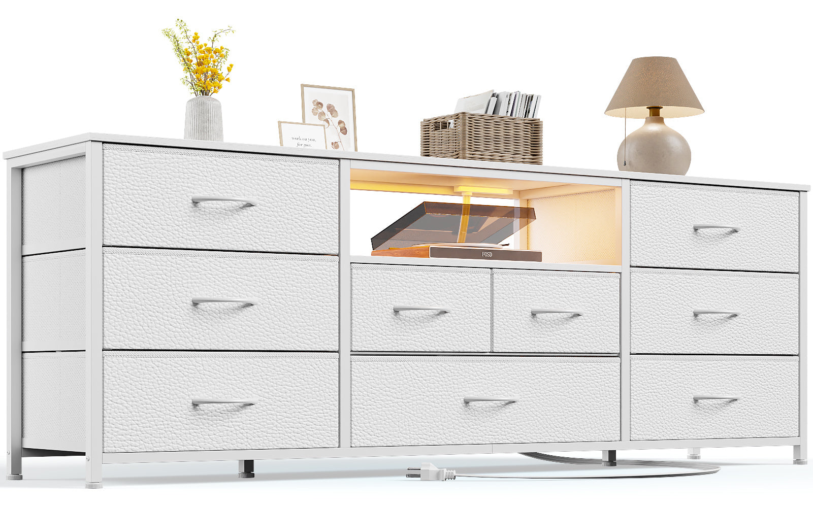 9 Drawer Dresser 63” Long TV Stand for Bedroom Entertainment Center with Power Outlet LED Light for 65"-75" TV White Dresser with Fabric
