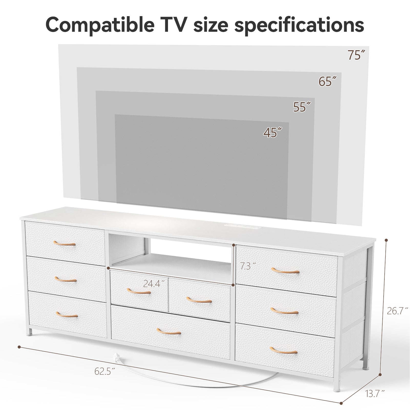 9 Drawer Dresser 63” Long TV Stand for Bedroom Entertainment Center with Power Outlet LED Light for 65"-75" TV White Dresser with Fabric