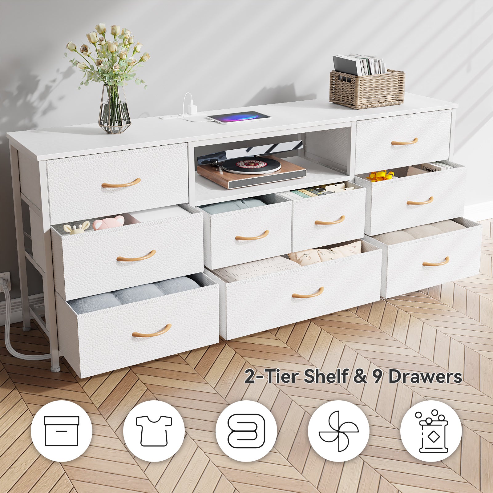 9 Drawer Dresser 63” Long TV Stand for Bedroom Entertainment Center with Power Outlet LED Light for 65"-75" TV White Dresser with Fabric