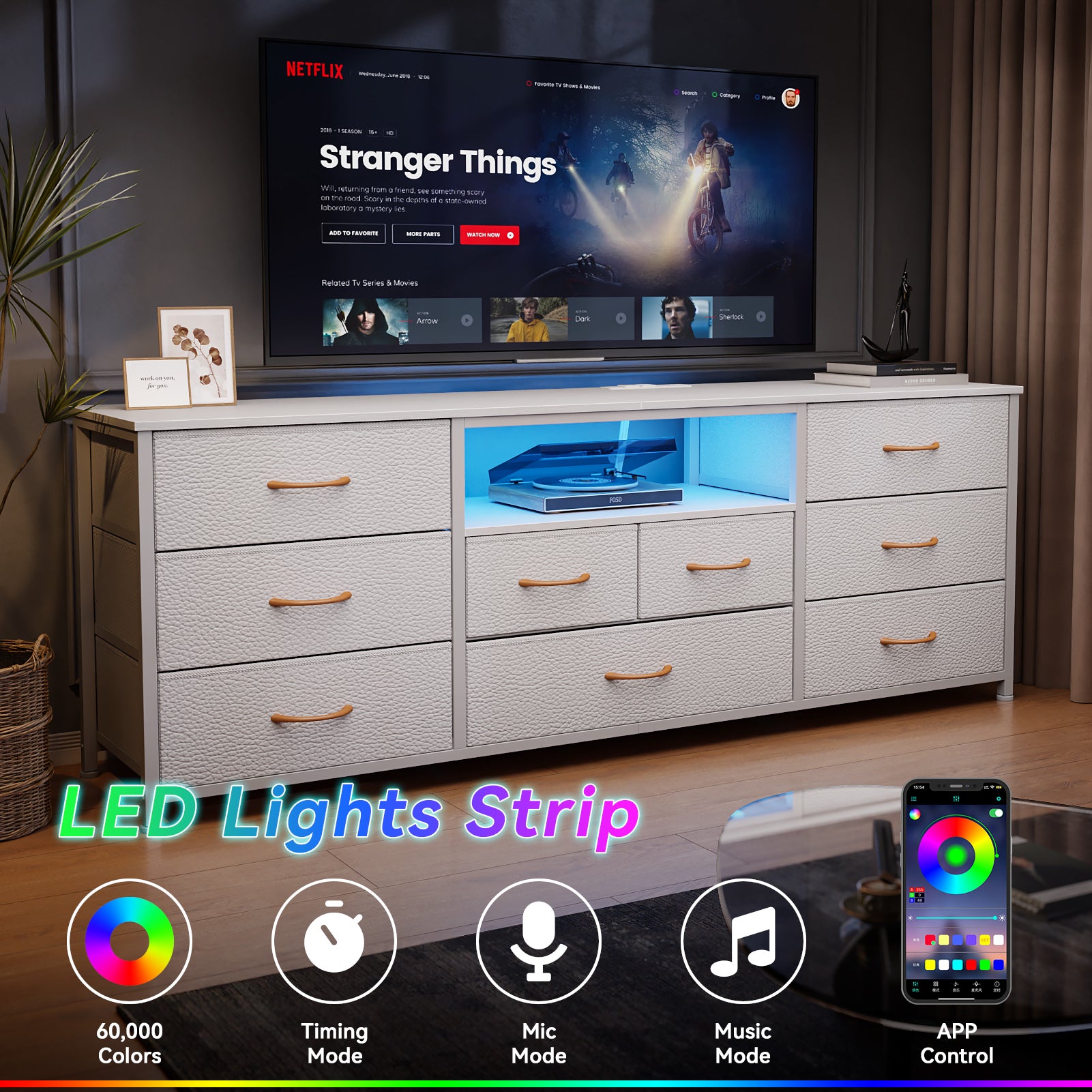 9 Drawer Chest of Drawers White Dresser TV Stand with Charging Station LED Lights Media Console for 75 Inch TV 63 Inch Bedroom Storage Unit Bin