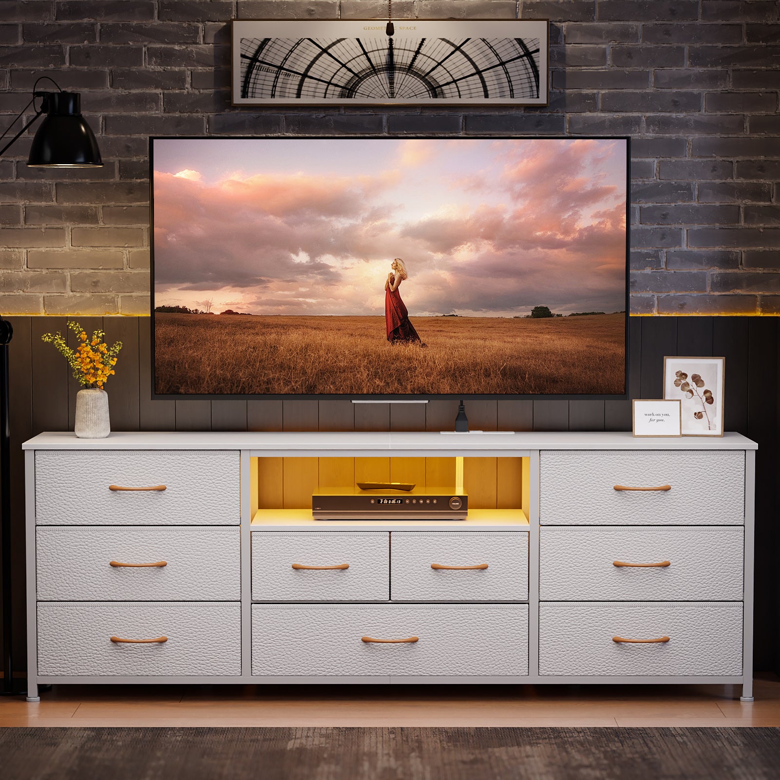 9 Drawer Dresser 63” Long TV Stand for Bedroom Entertainment Center with Power Outlet LED Light for 65"-75" TV White Dresser with Fabric