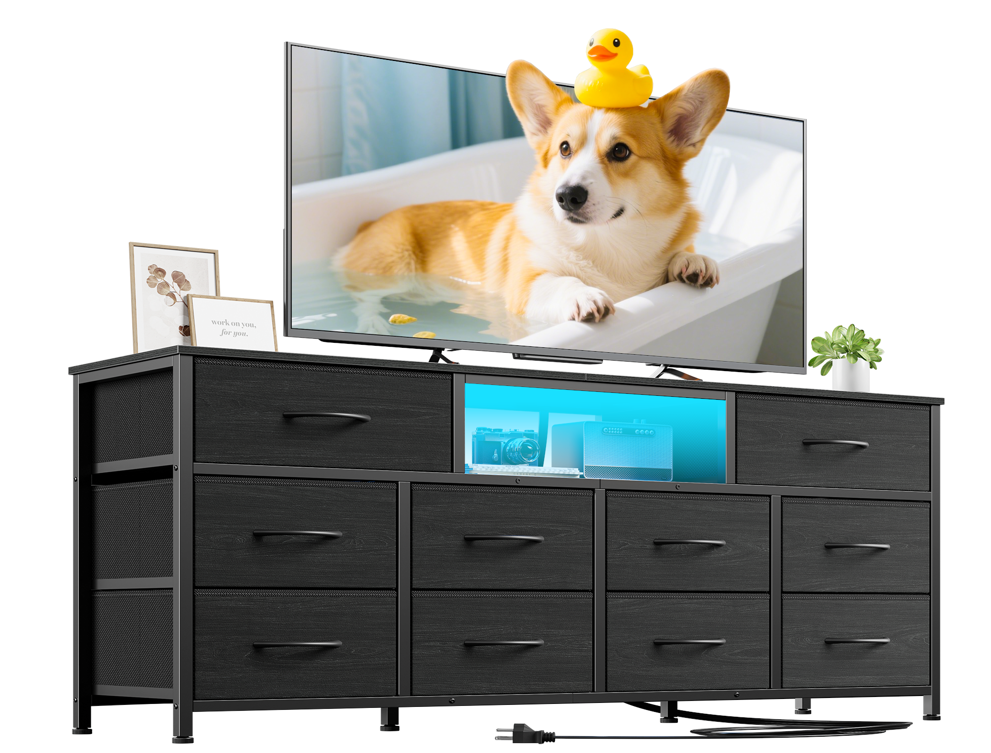 Furnulem 55” Long Dresser for Bedroom, TV Stand for 55 to 65 inch TV, Black Dresser with 10 Fabric Drawers, Chest of Drawer for Closet, Entertainment Center with Power Outlet & LED Light