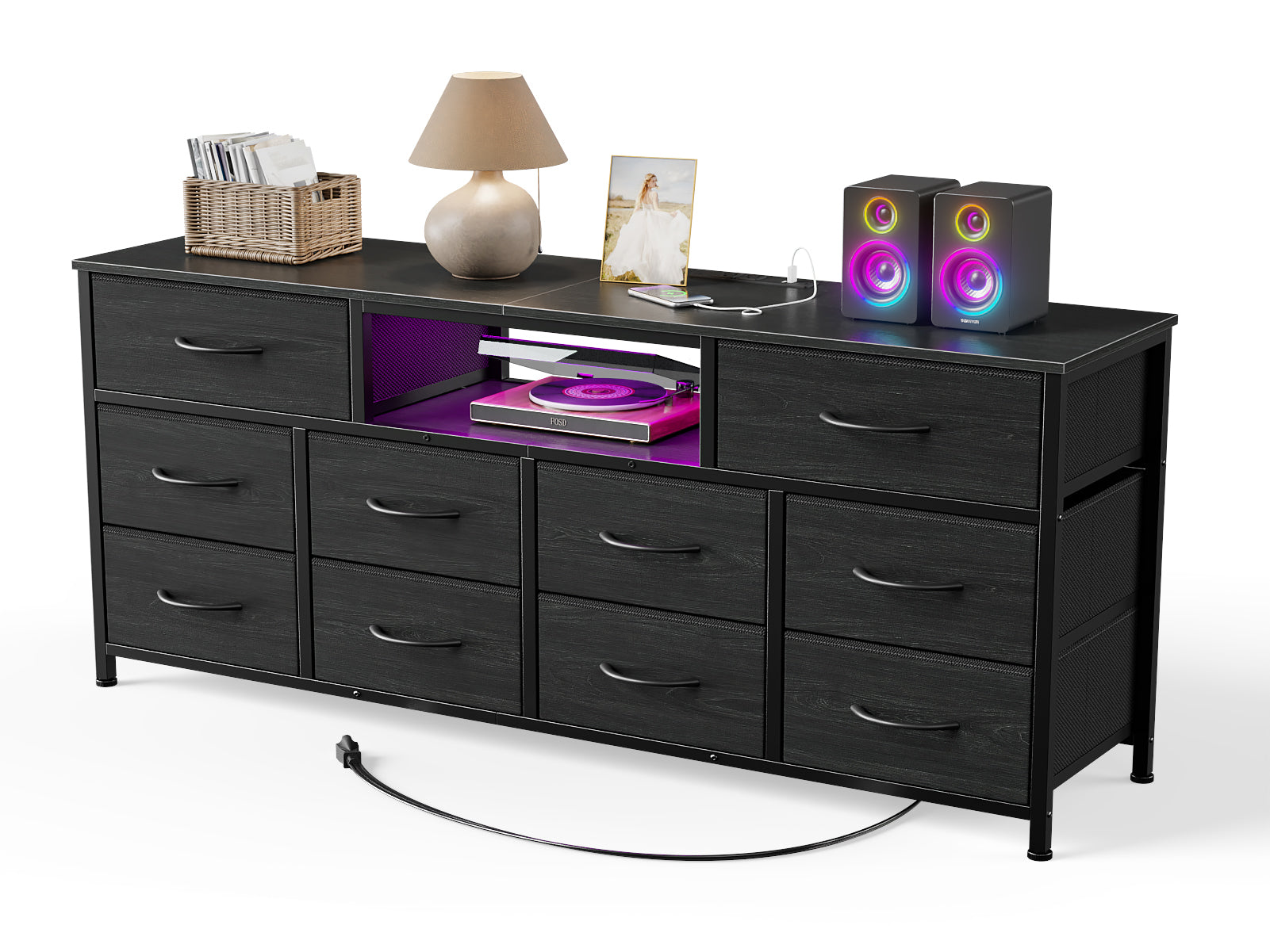 10 Drawer Dresser fits 65 inch TV Black 55 inch Media Console Table Bedroom Fabric Storage Chest Modern Utility Organization Stand Furniture Cabinet