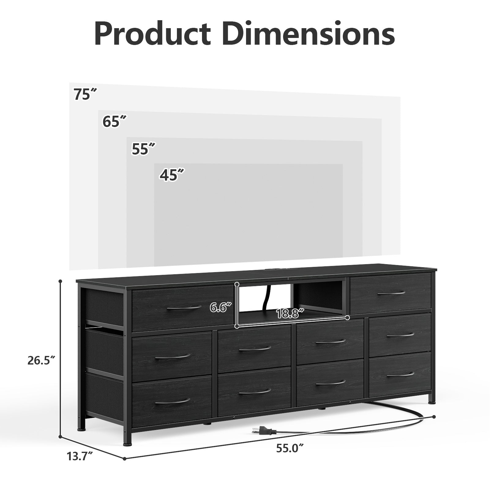 55” Long Dresser for Bedroom TV Stand for 55 to 65 inch TV Black Dresser with 10 Fabric Drawers Chest Center with Power Outlet LED Light