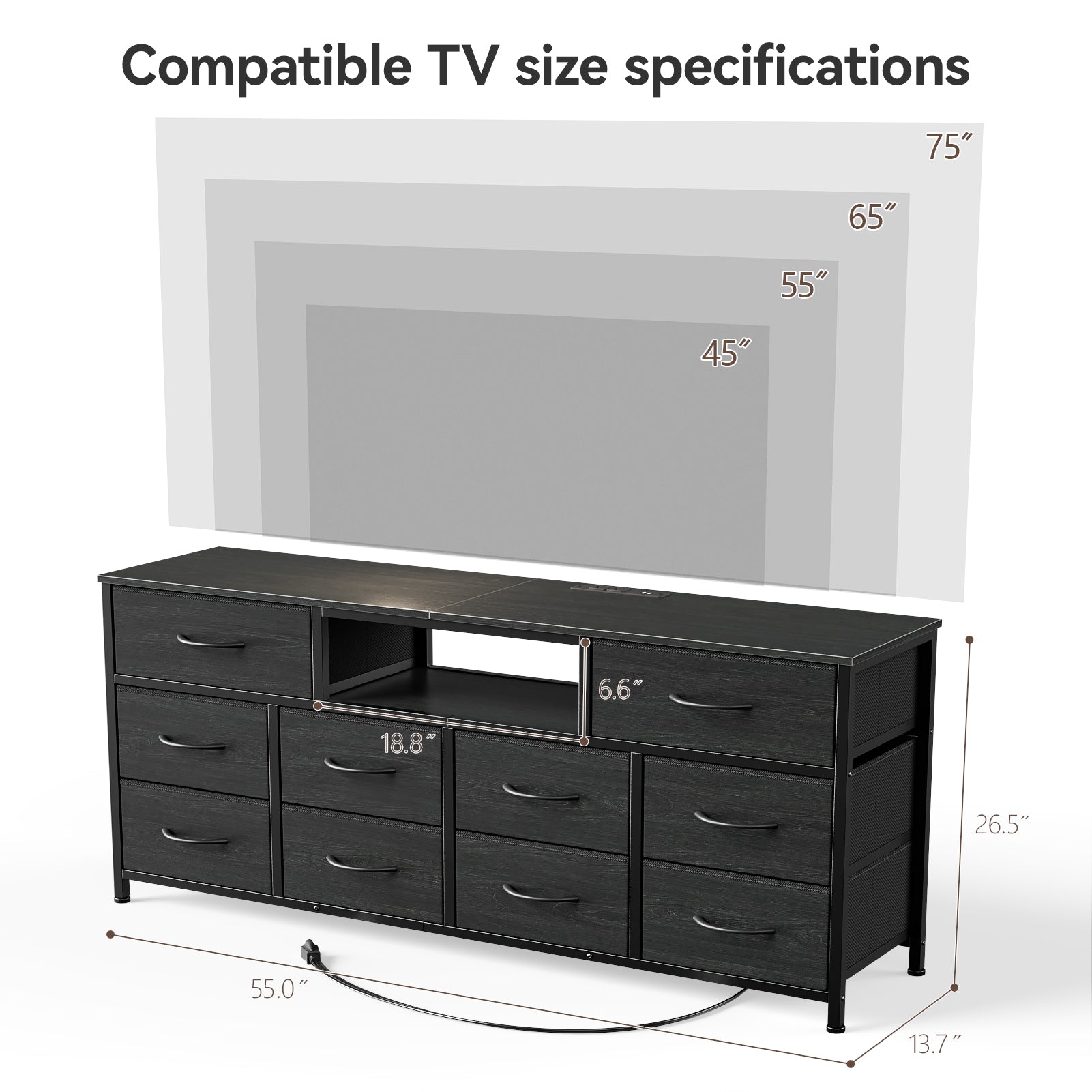 10 Drawer Dresser fits 65 inch TV Black 55 inch Media Console Table Bedroom Fabric Storage Chest Modern Utility Organization Stand Furniture Cabinet